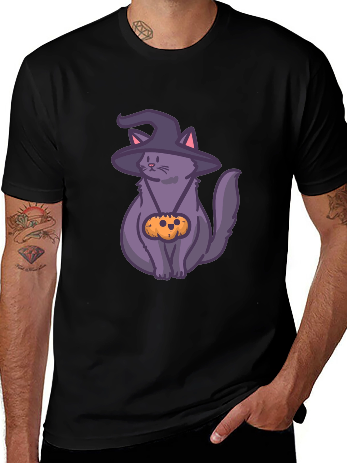 Halloween Cat T-Shirt with Witch Hat & Pumpkin