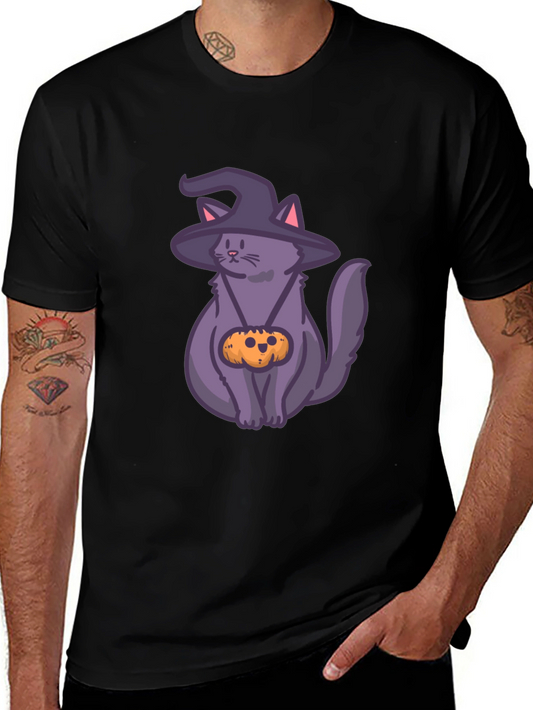 Halloween Cat T-Shirt with Witch Hat & Pumpkin