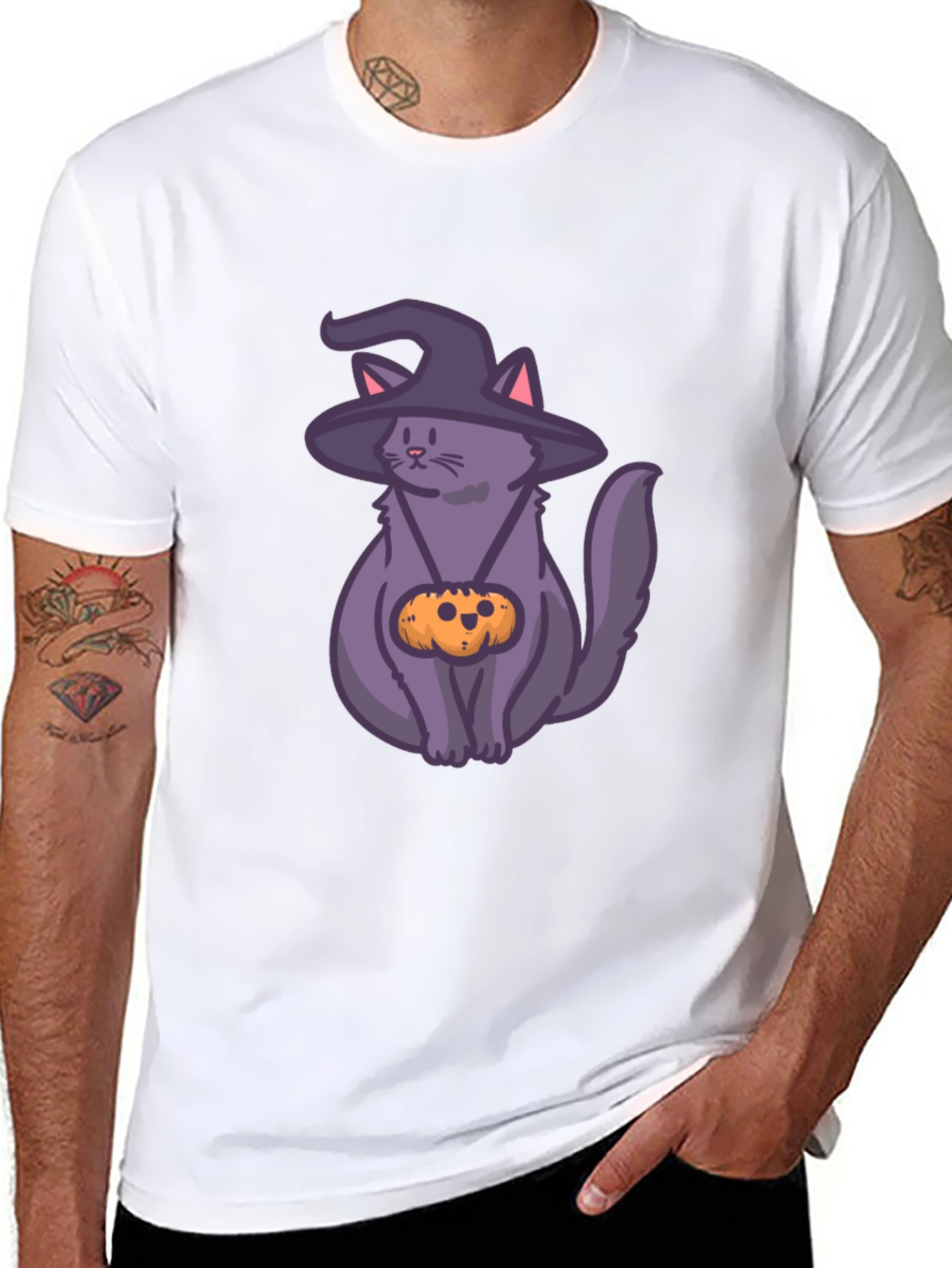 Halloween Cat T-Shirt with Witch Hat & Pumpkin