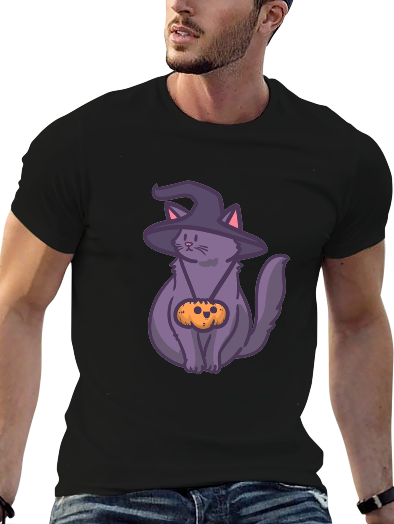 Halloween Cat T-Shirt with Witch Hat & Pumpkin