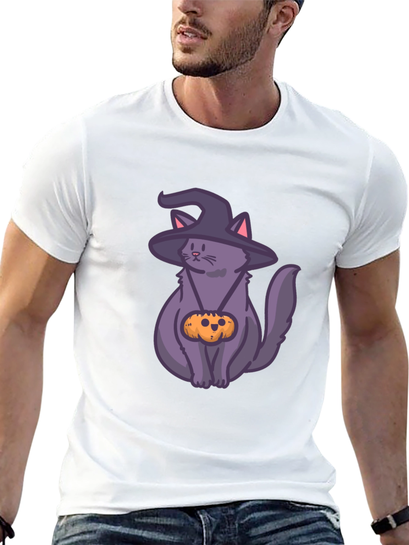 Halloween Cat T-Shirt with Witch Hat & Pumpkin