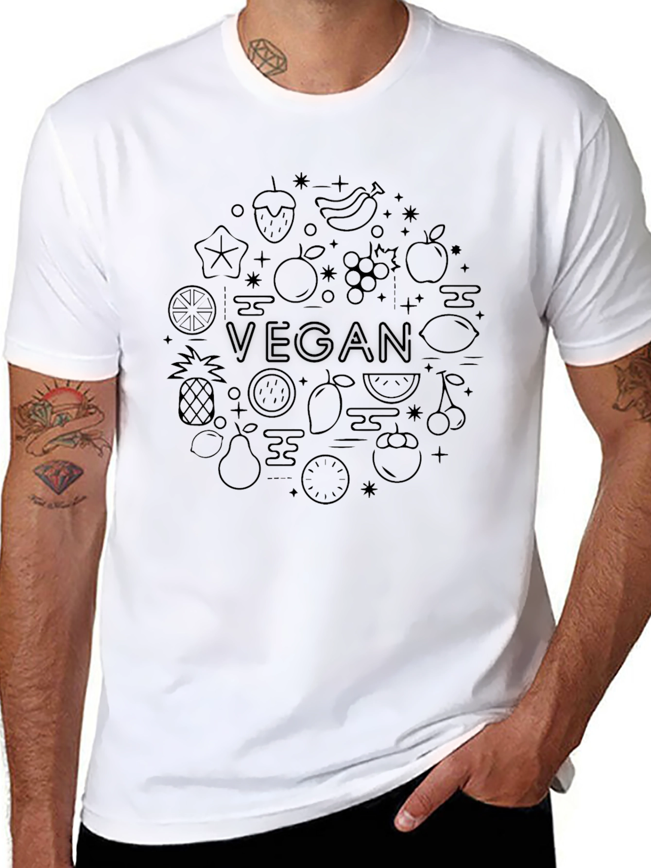 Vegan Fruit Pattern Black T-Shirt