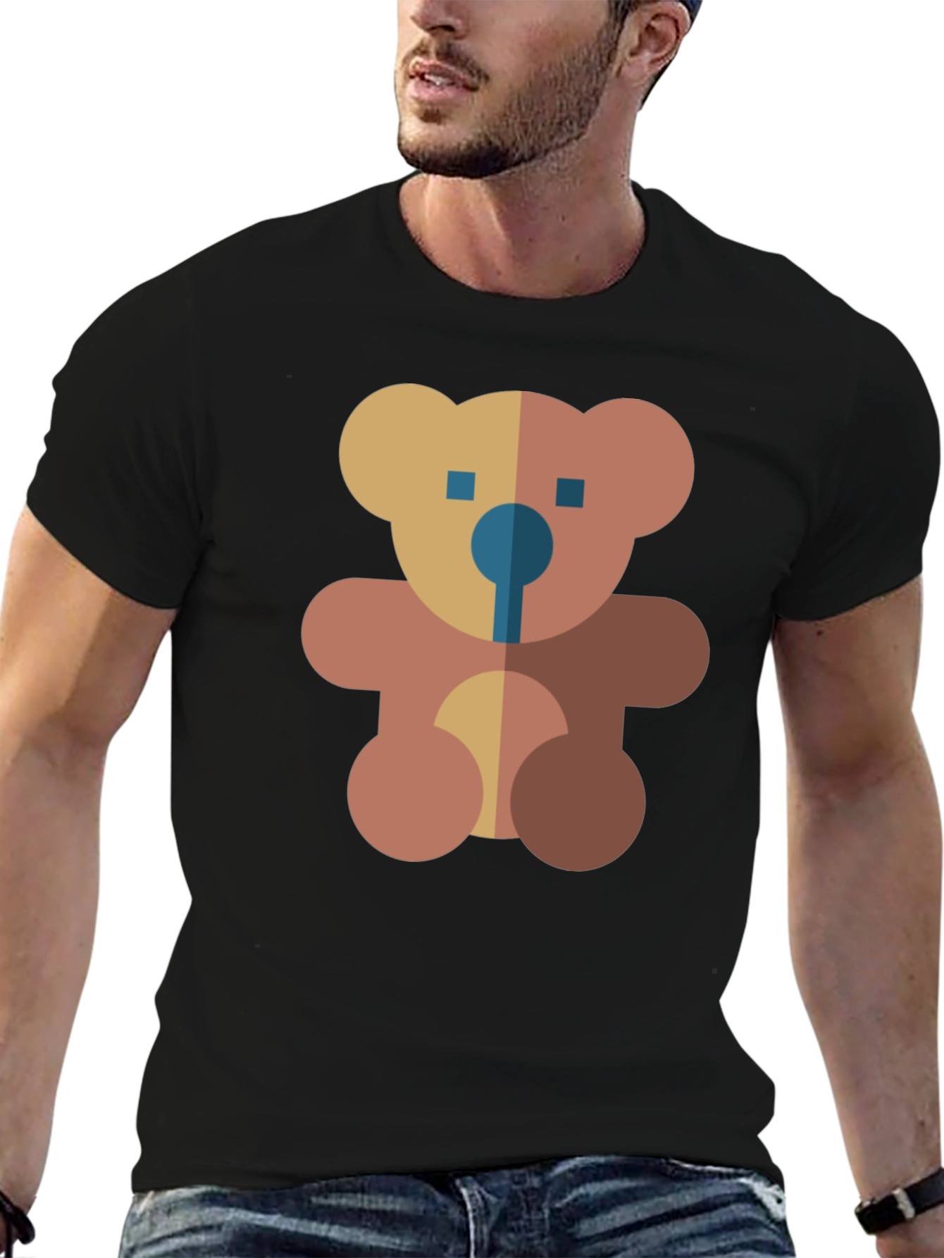 Geometric Teddy Bear Graphic Black T-Shirt