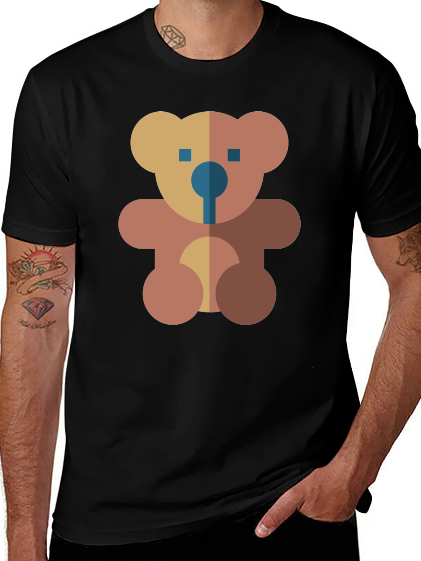 Geometric Teddy Bear Graphic Black T-Shirt