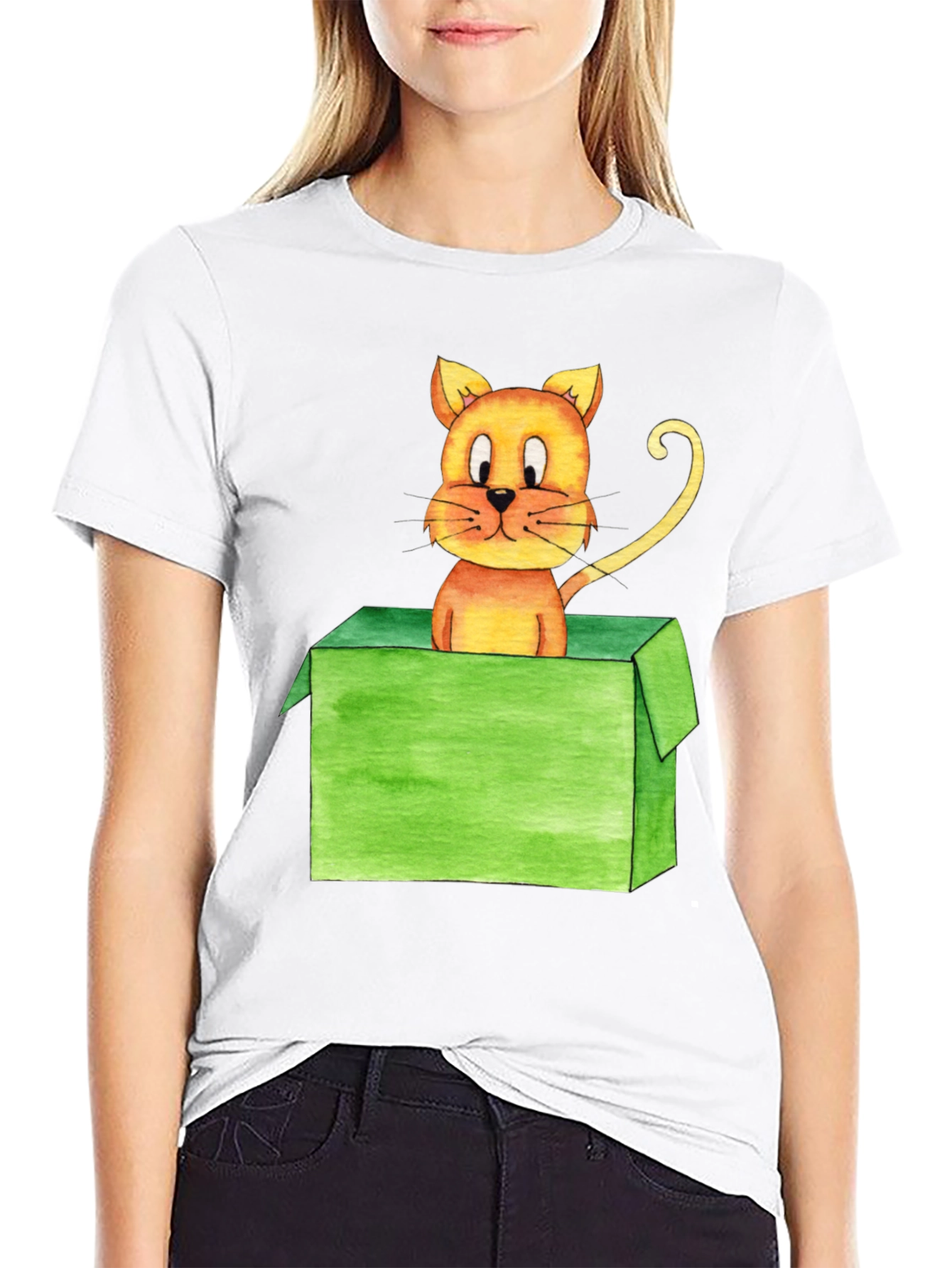 Cartoon Cat in Box Black T-Shirt