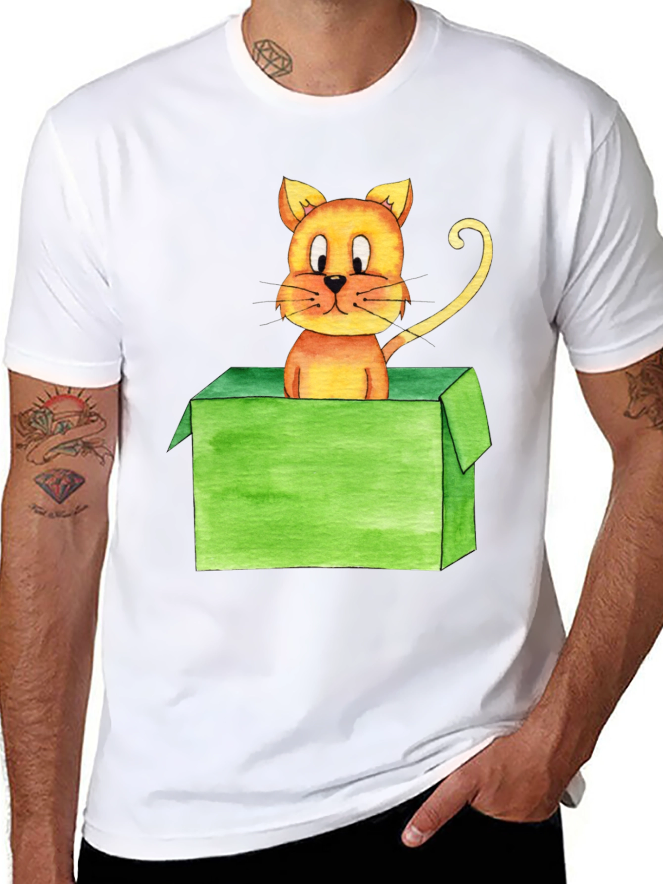 Cartoon Cat in Box Black T-Shirt