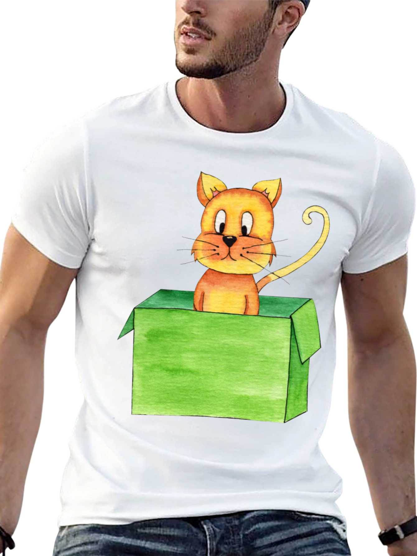 Cartoon Cat in Box Black T-Shirt