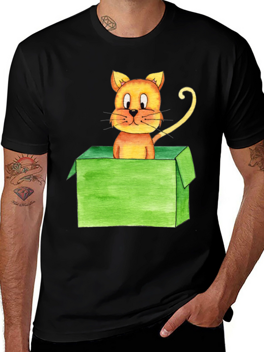 Cartoon Cat in Box Black T-Shirt