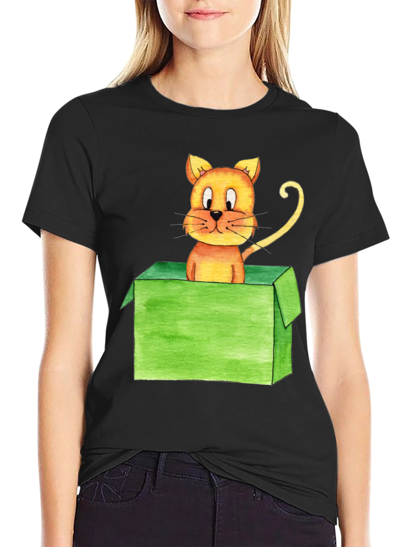 Cartoon Cat in Box Black T-Shirt
