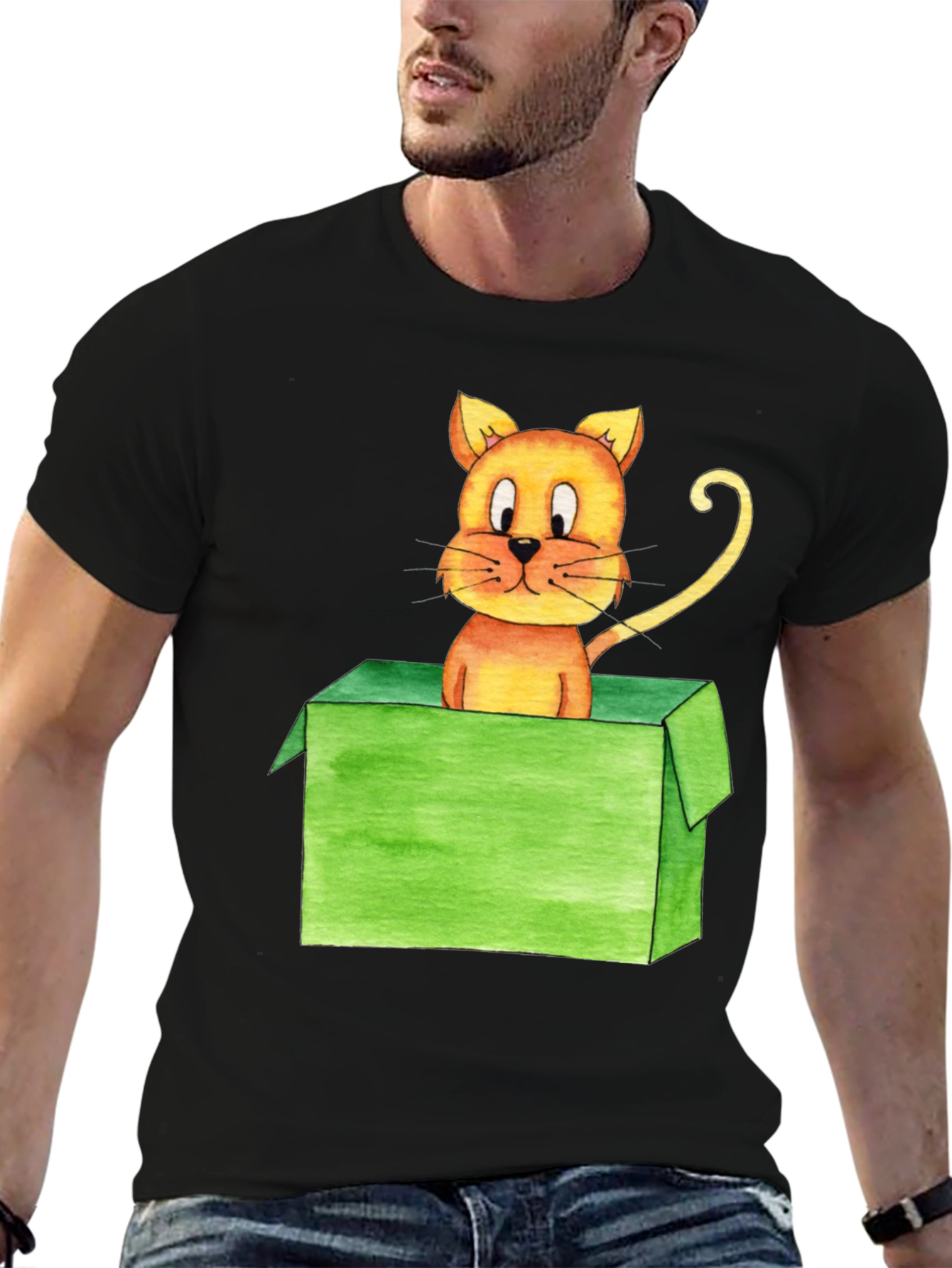 Cartoon Cat in Box Black T-Shirt