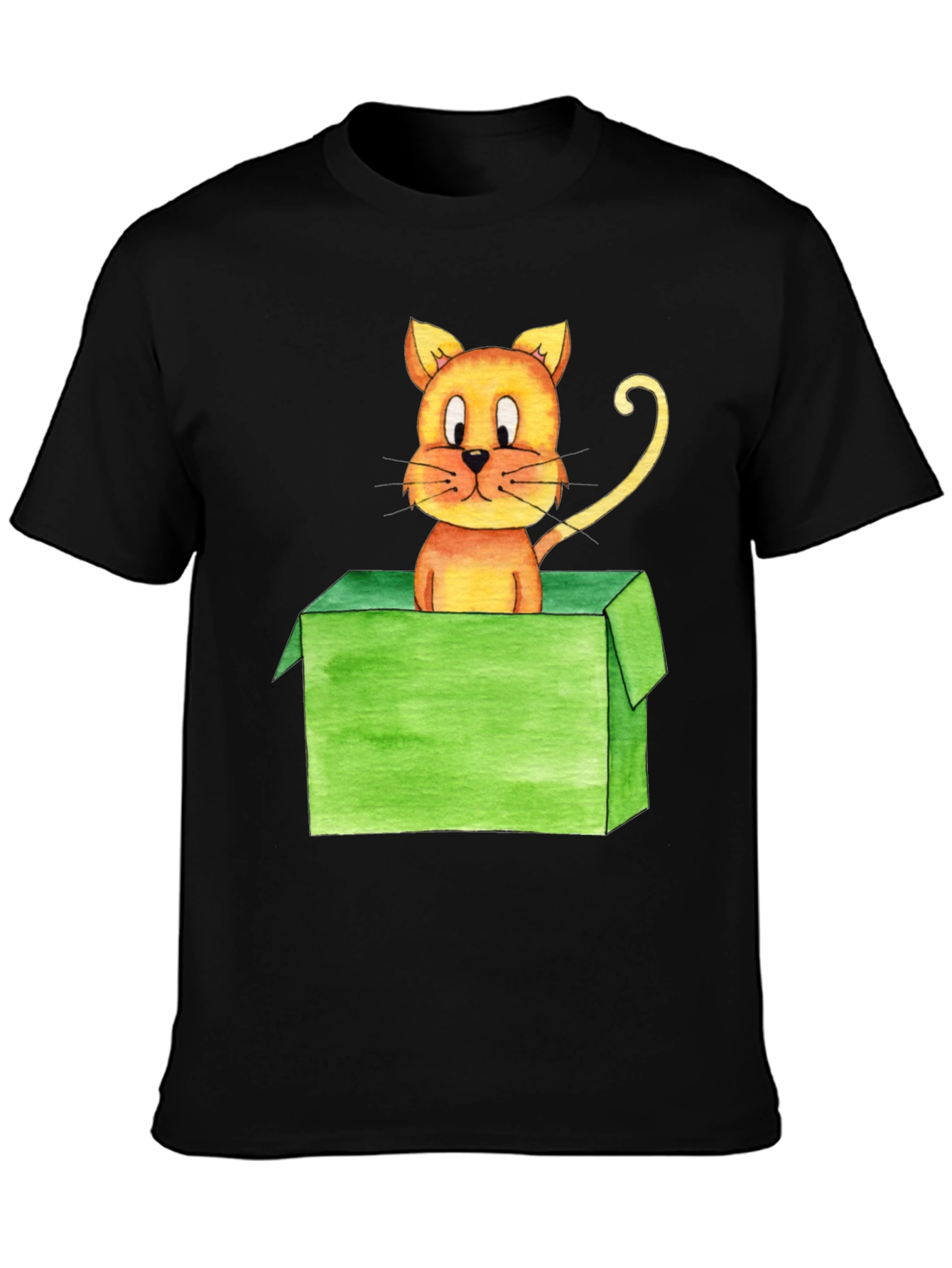 Cartoon Cat in Box Black T-Shirt