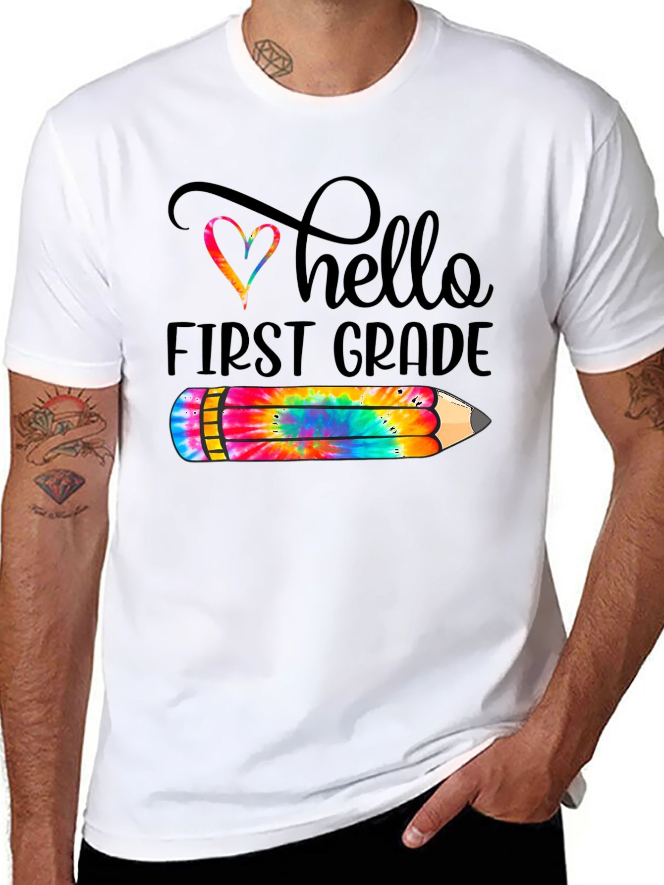 Hello First Grade Tie Dye Pencil T-Shirt