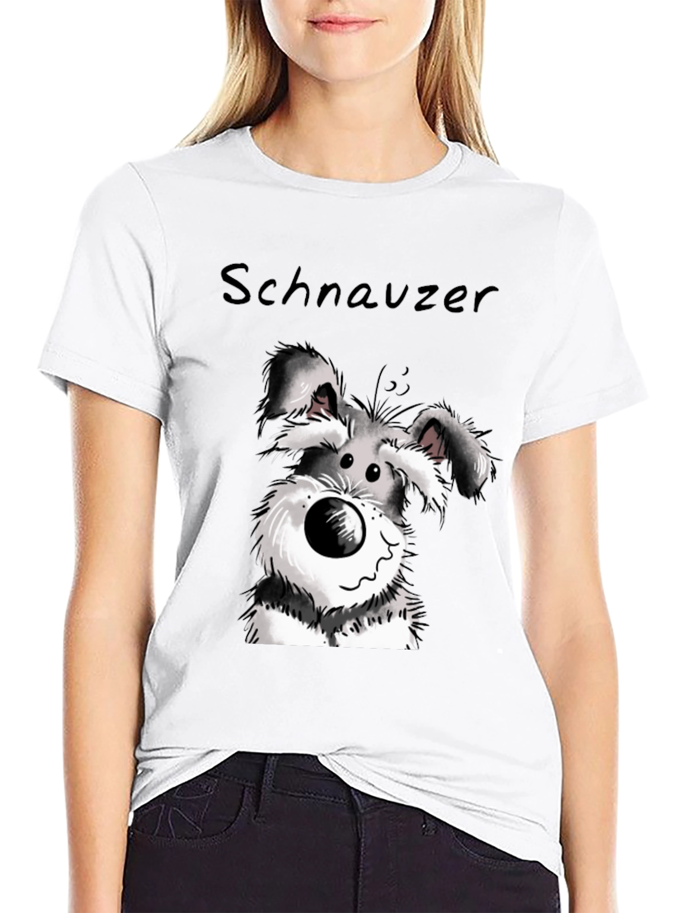 Schnauzer Cartoon Graphic Tee - Black Cotton Blend