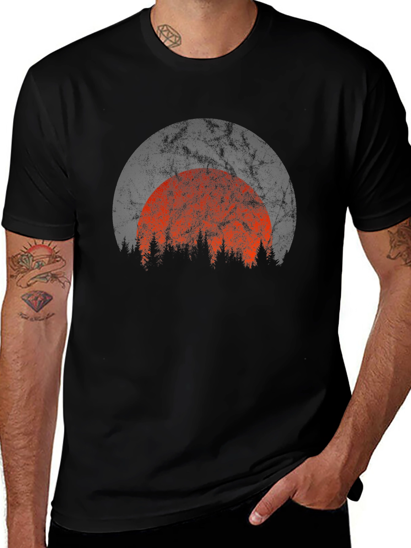 Retro Sunset Forest Graphic Tee - Black
