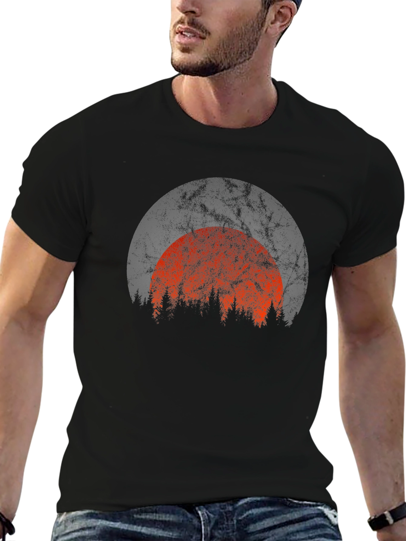 Retro Sunset Forest Graphic Tee - Black