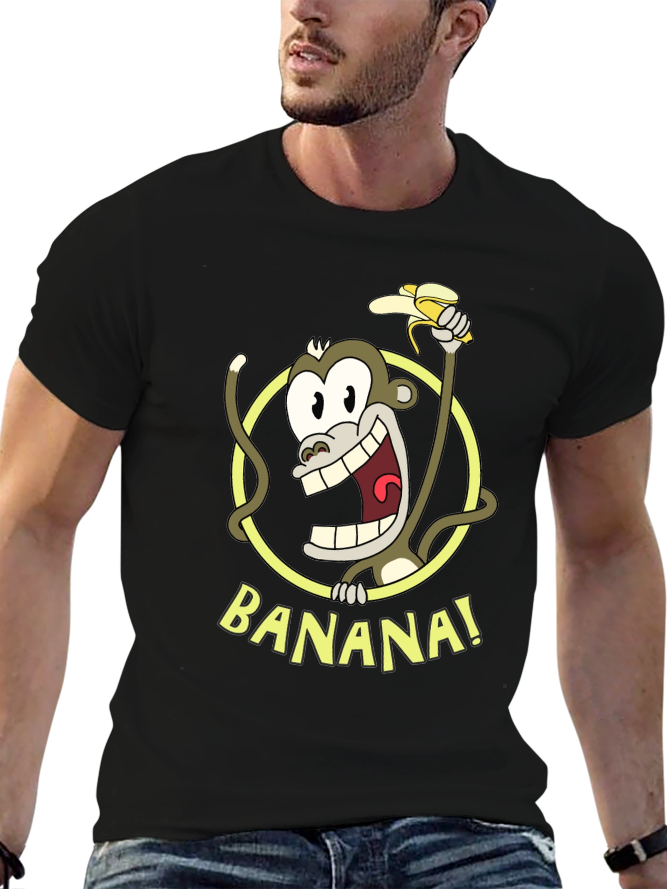 Funny Monkey Banana Graphic Tee - Black Cotton T-Shirt