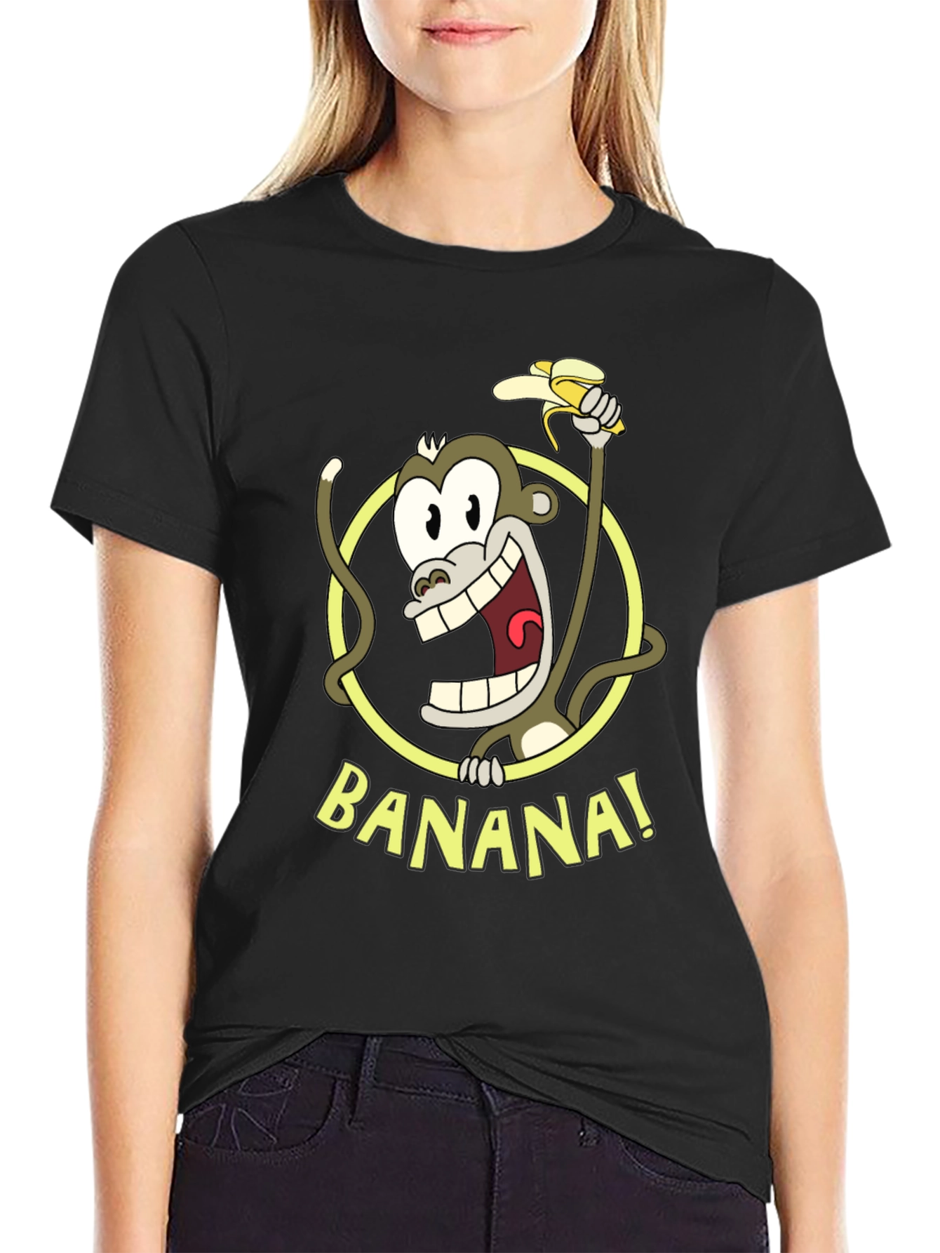 Funny Monkey Banana Graphic Tee - Black Cotton T-Shirt