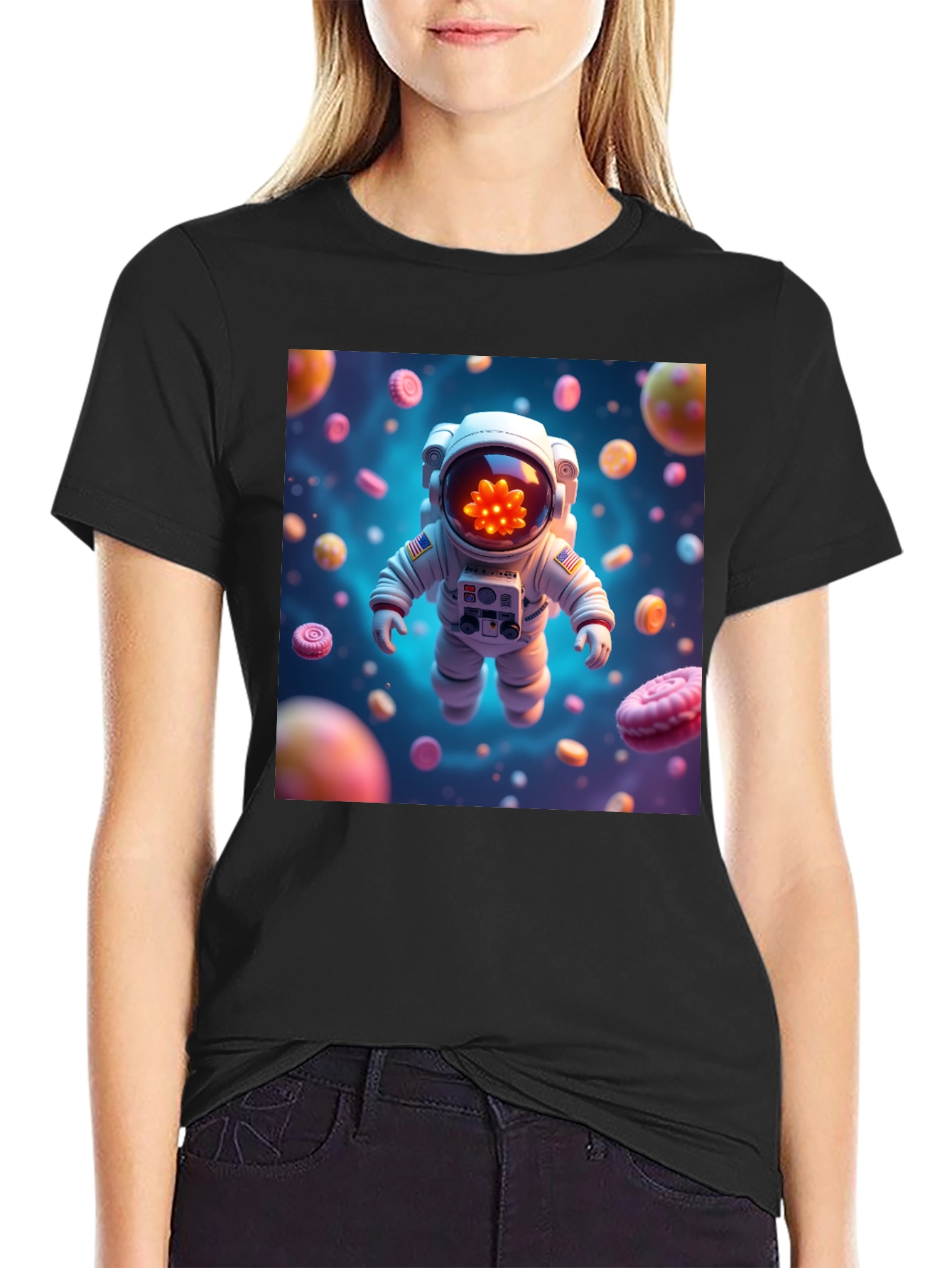 Astronaut in Candy Space Black T-Shirt