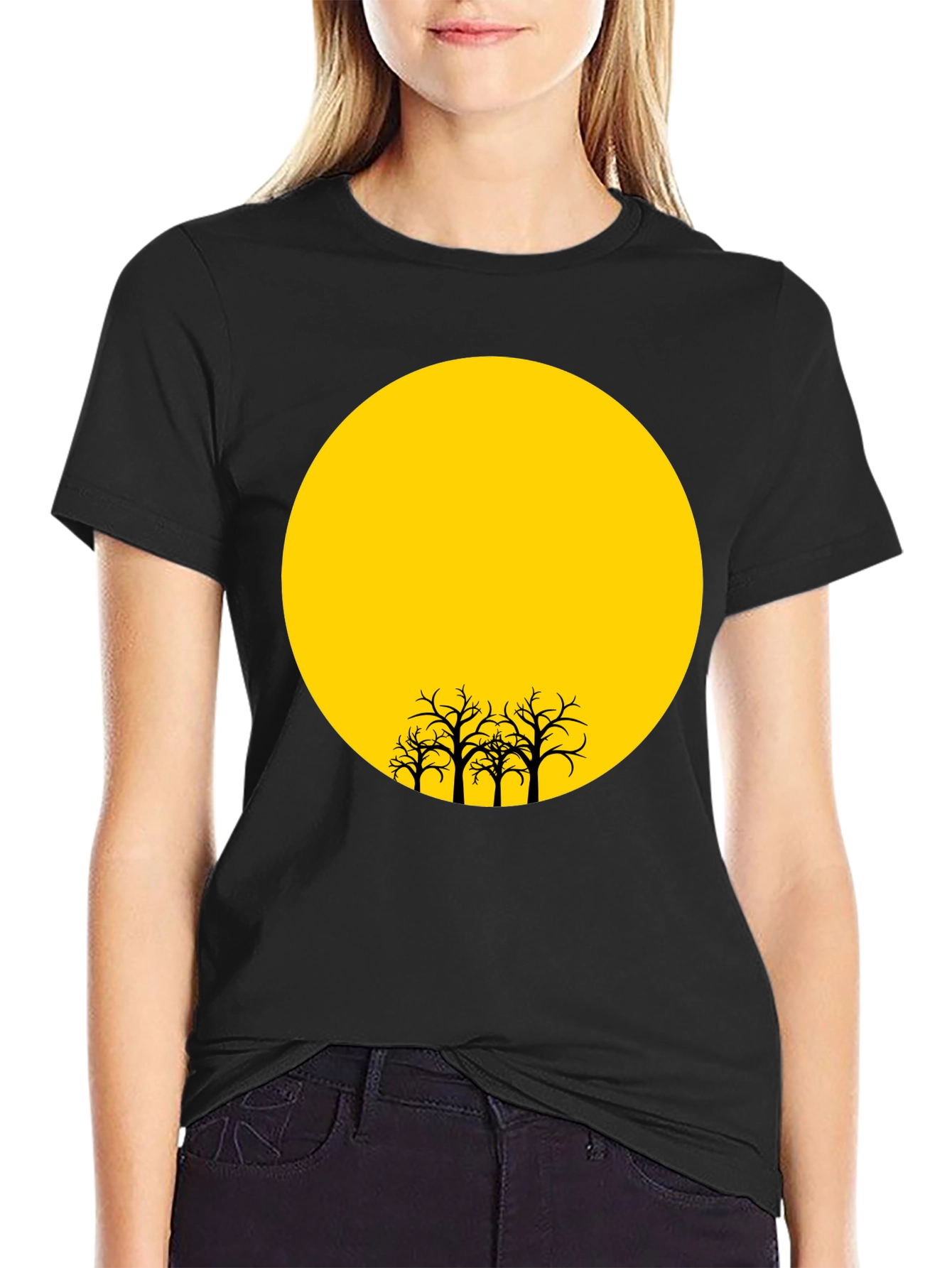 Silhouette Trees on Yellow Moon Graphic Tee