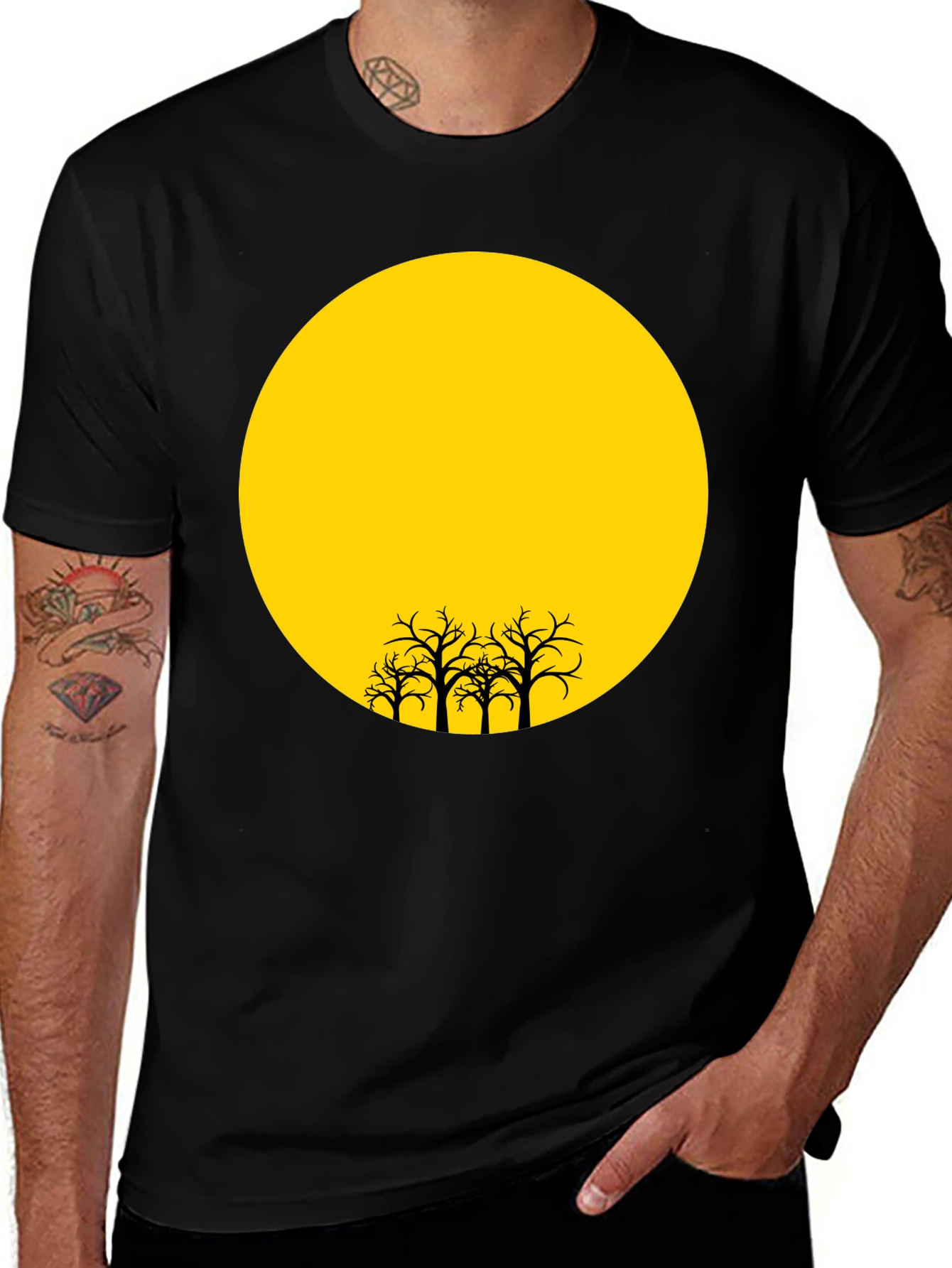 Silhouette Trees on Yellow Moon Graphic Tee