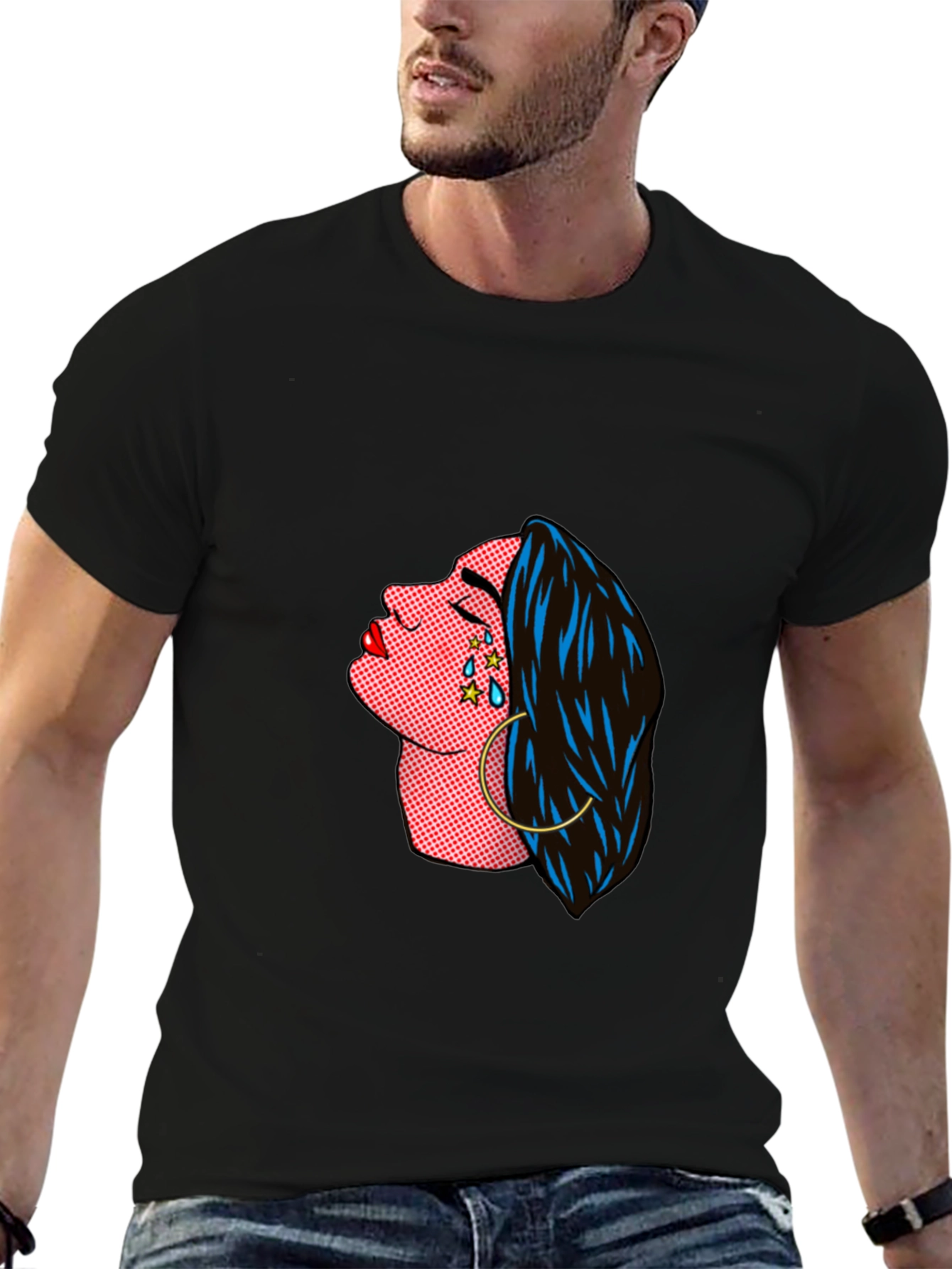 Pop Art Crying Woman Graphic Tee - Black