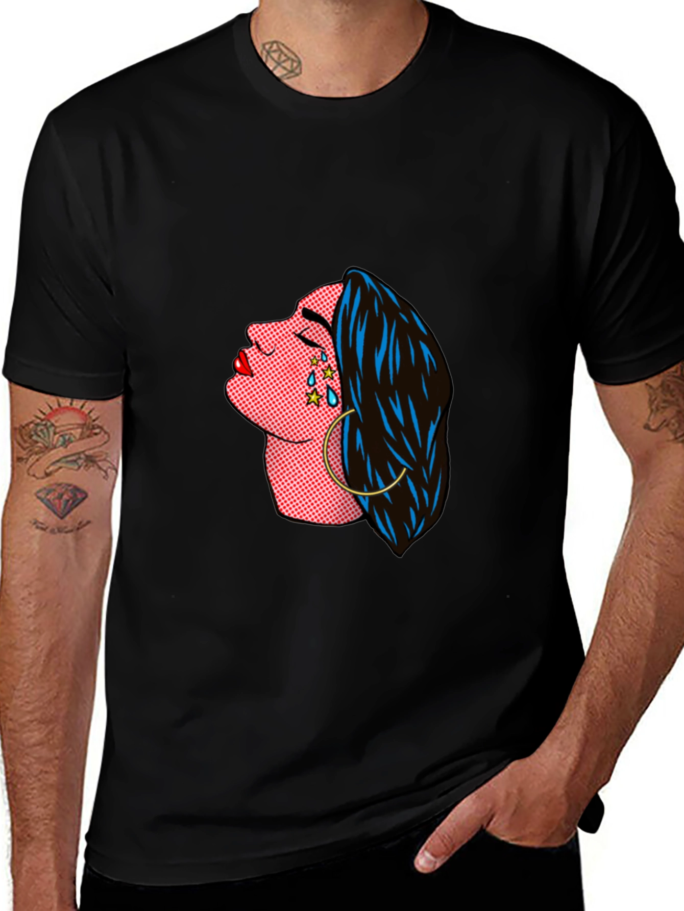 Pop Art Crying Woman Graphic Tee - Black