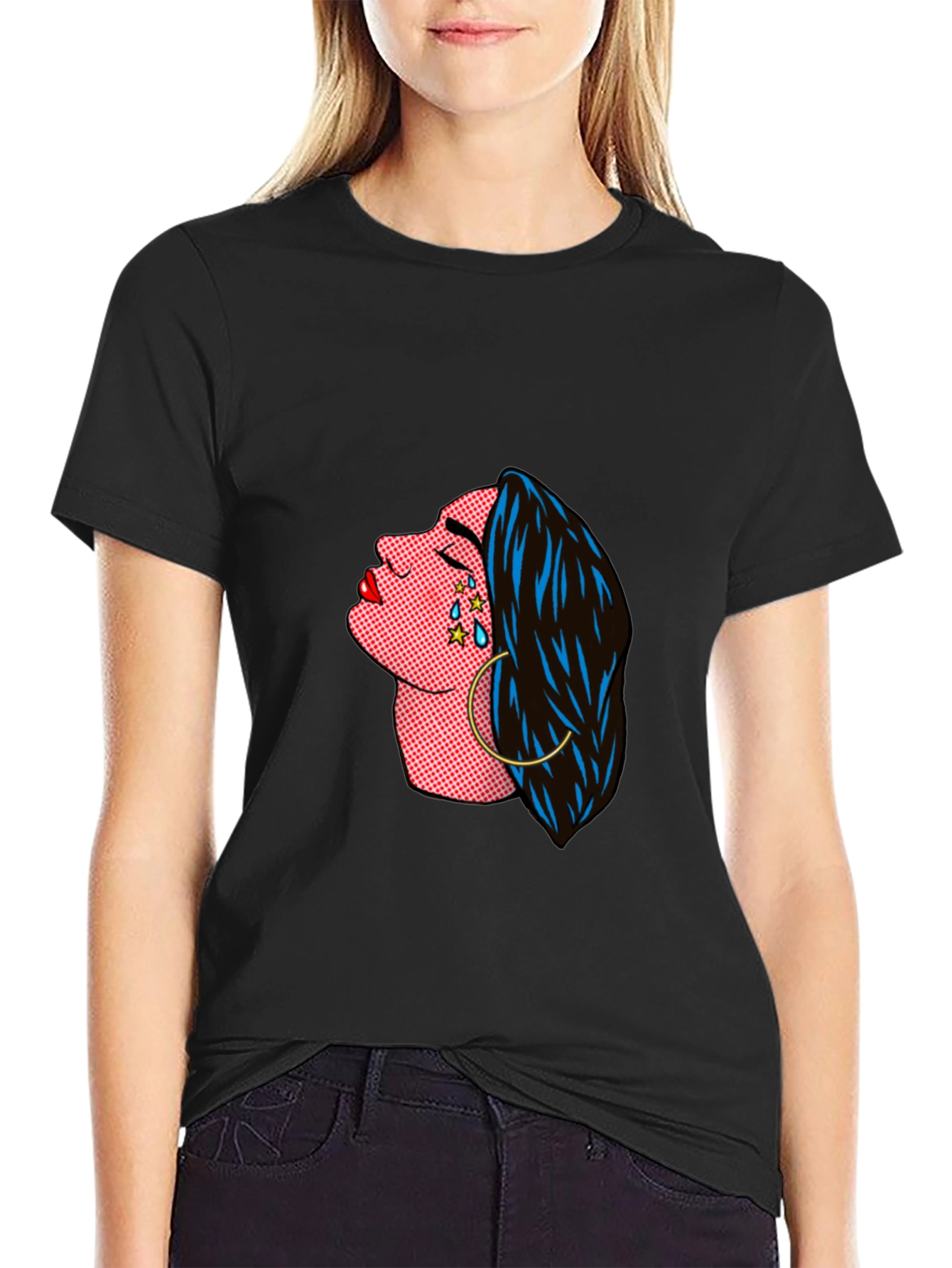 Pop Art Crying Woman Graphic Tee - Black