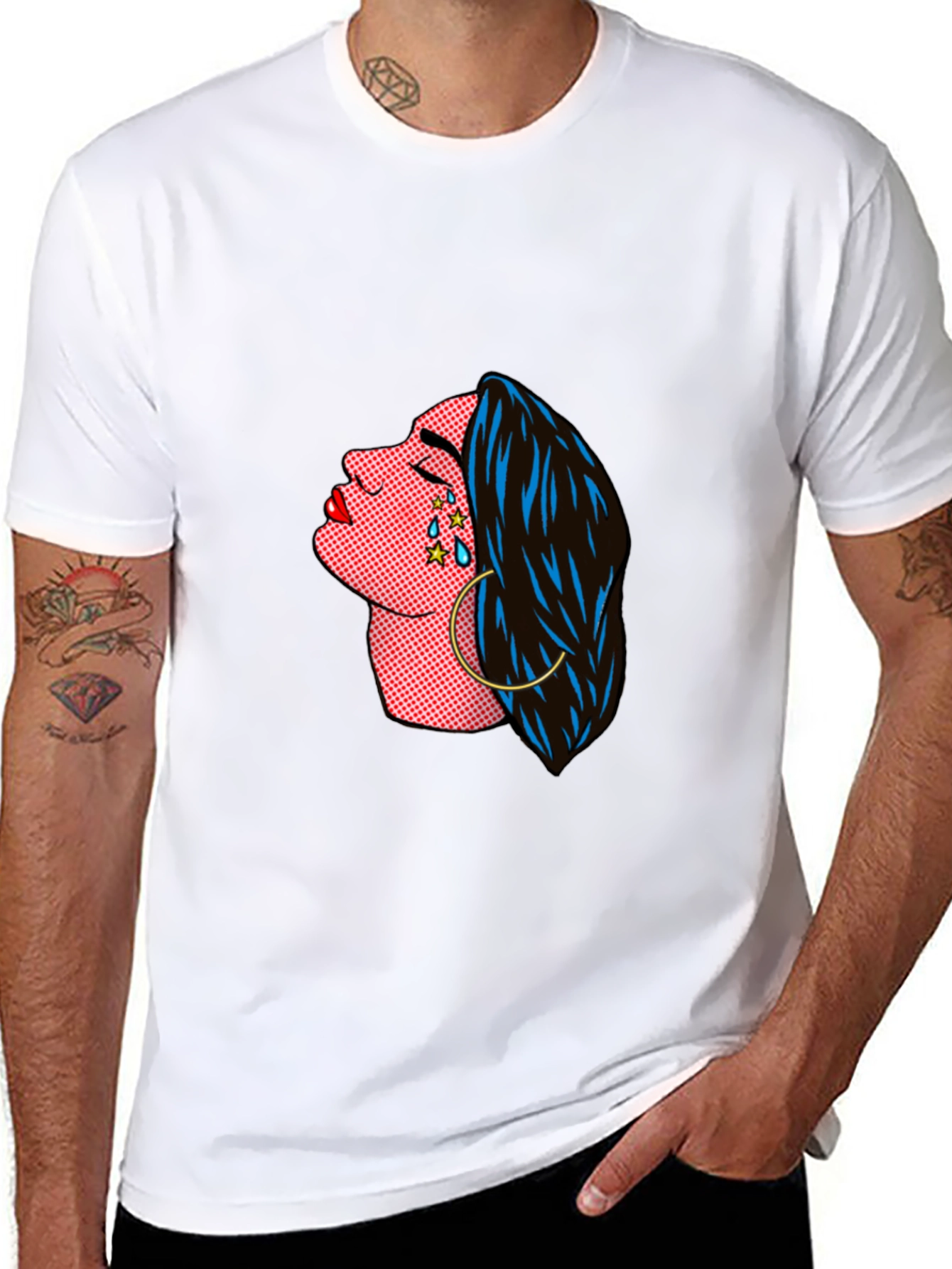 Pop Art Crying Woman Graphic Tee - Black
