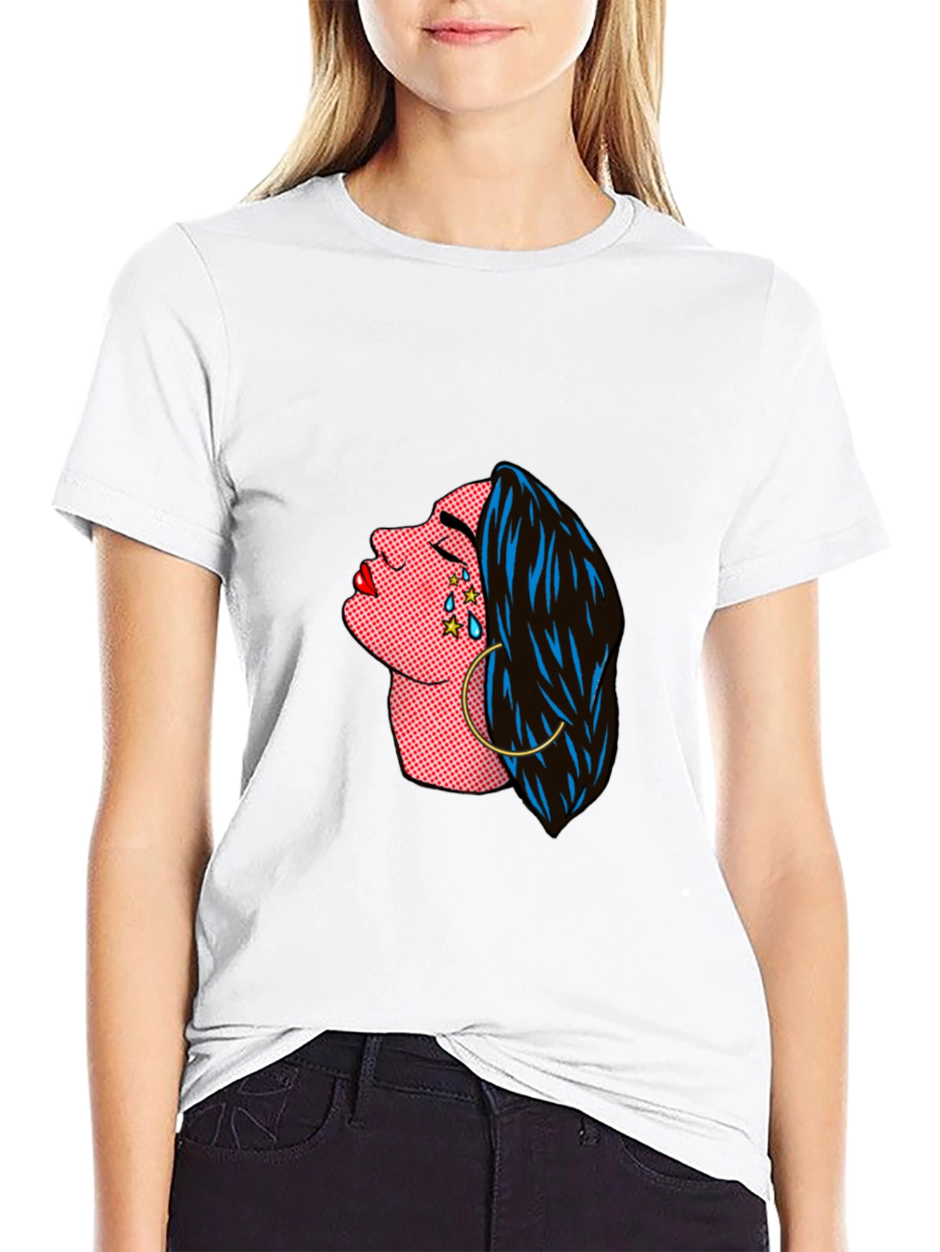 Pop Art Crying Woman Graphic Tee - Black