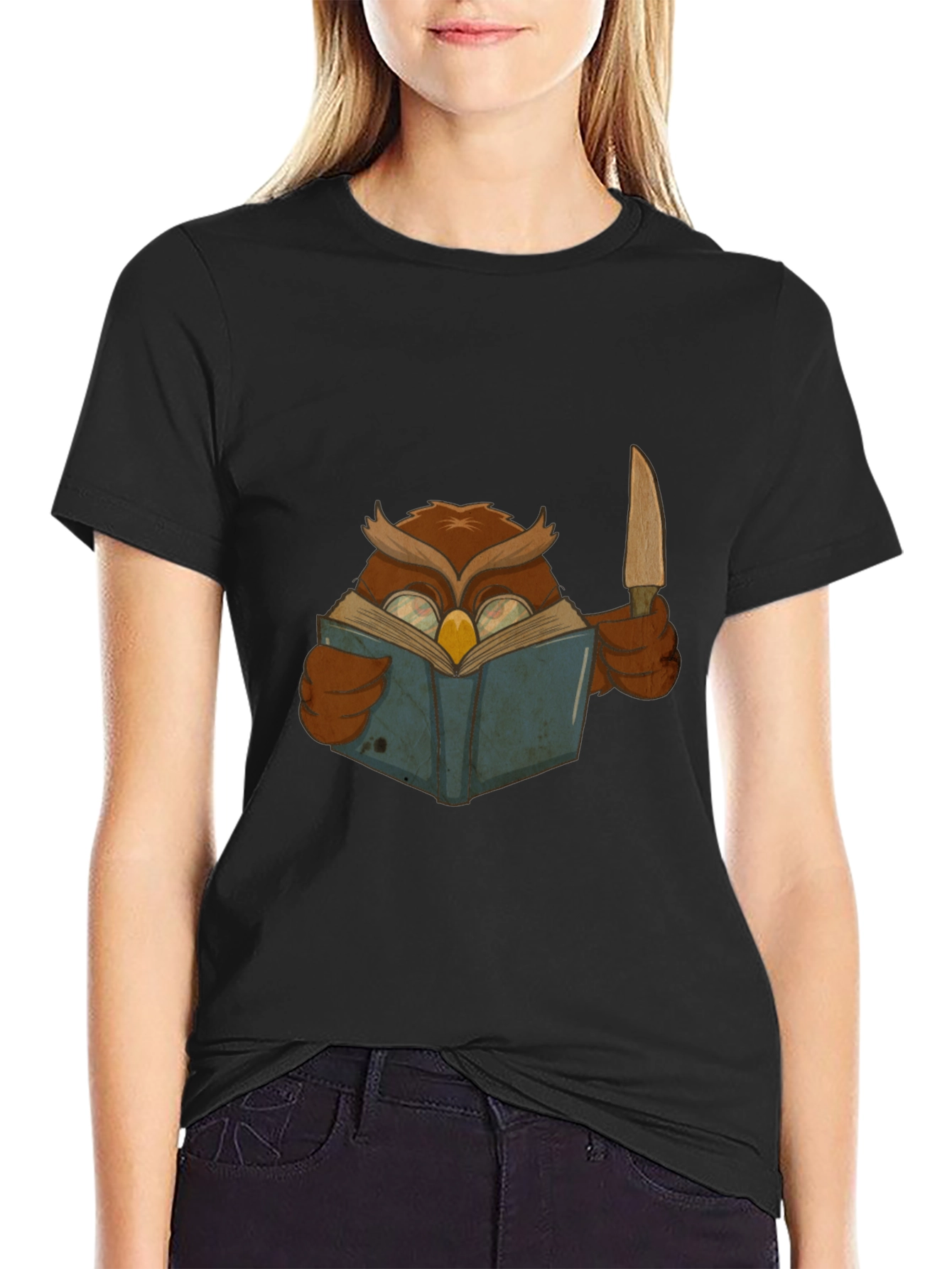 Owl Reading Book With Knife Graphic Tee