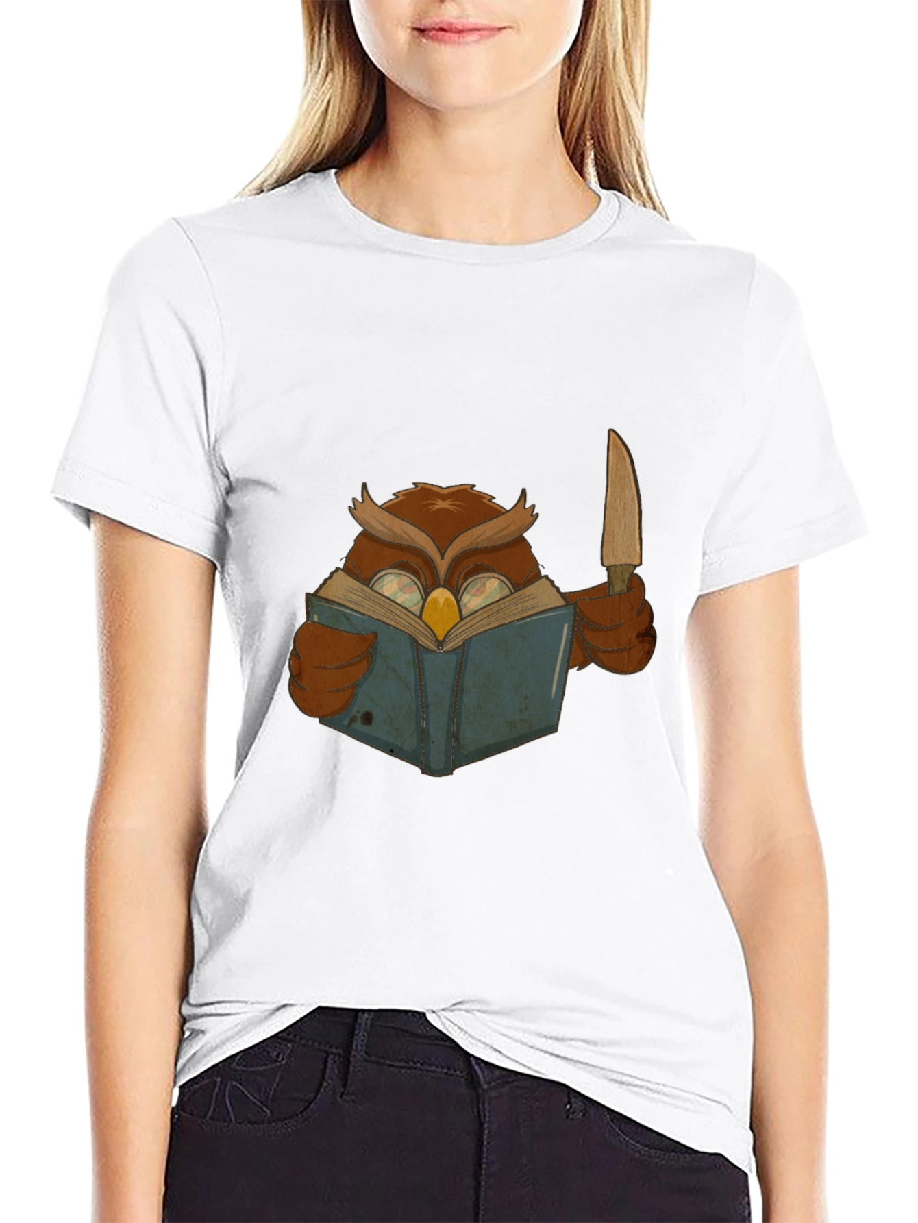 Owl Reading Book With Knife Graphic Tee