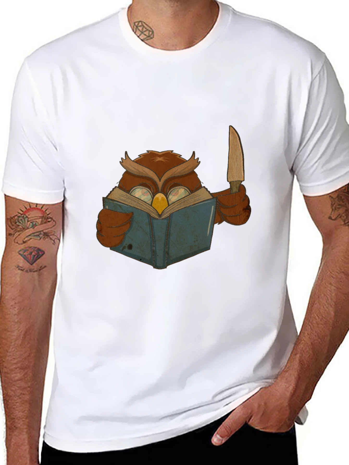 Owl Reading Book With Knife Graphic Tee