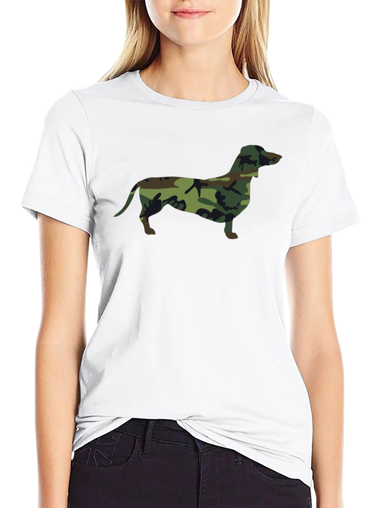 Camo Dachshund Print Black T-Shirt