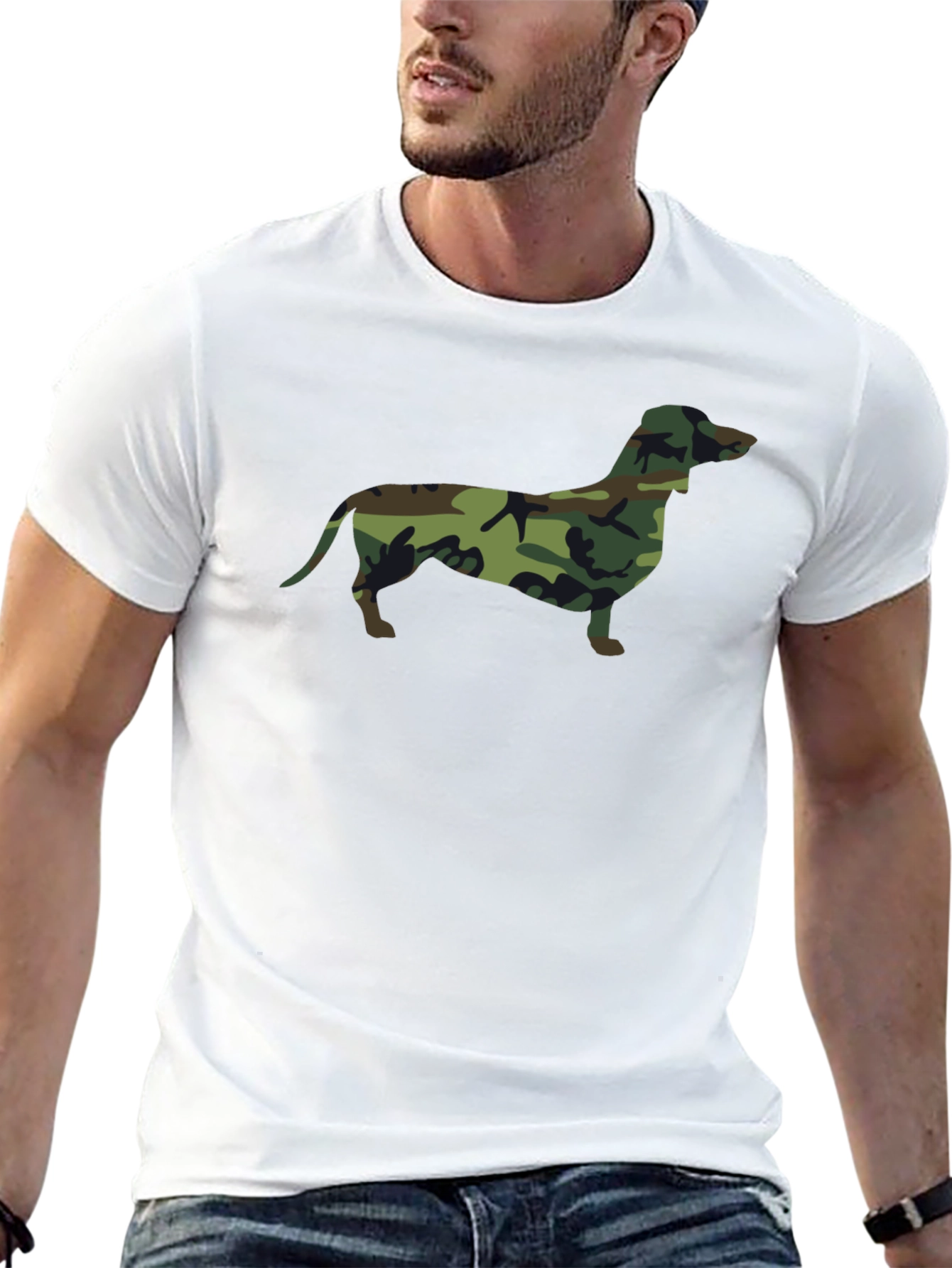 Camo Dachshund Print Black T-Shirt