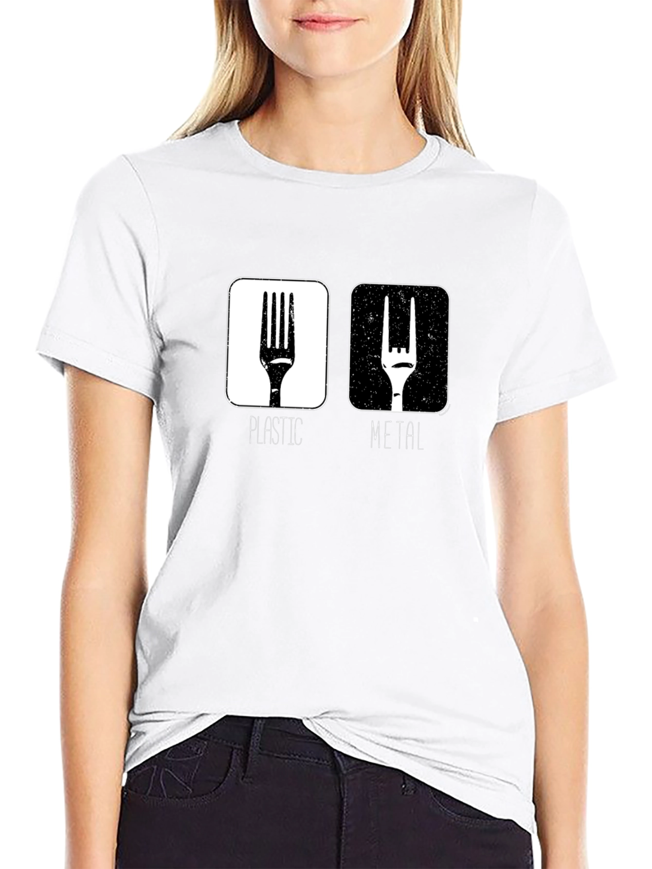 Funny Metal vs. Plastic Fork Graphic T-Shirt