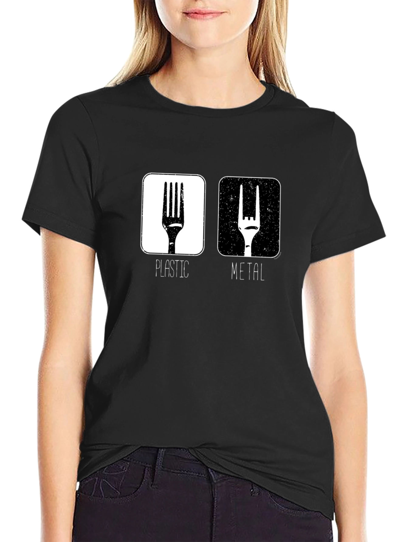 Funny Metal vs. Plastic Fork Graphic T-Shirt