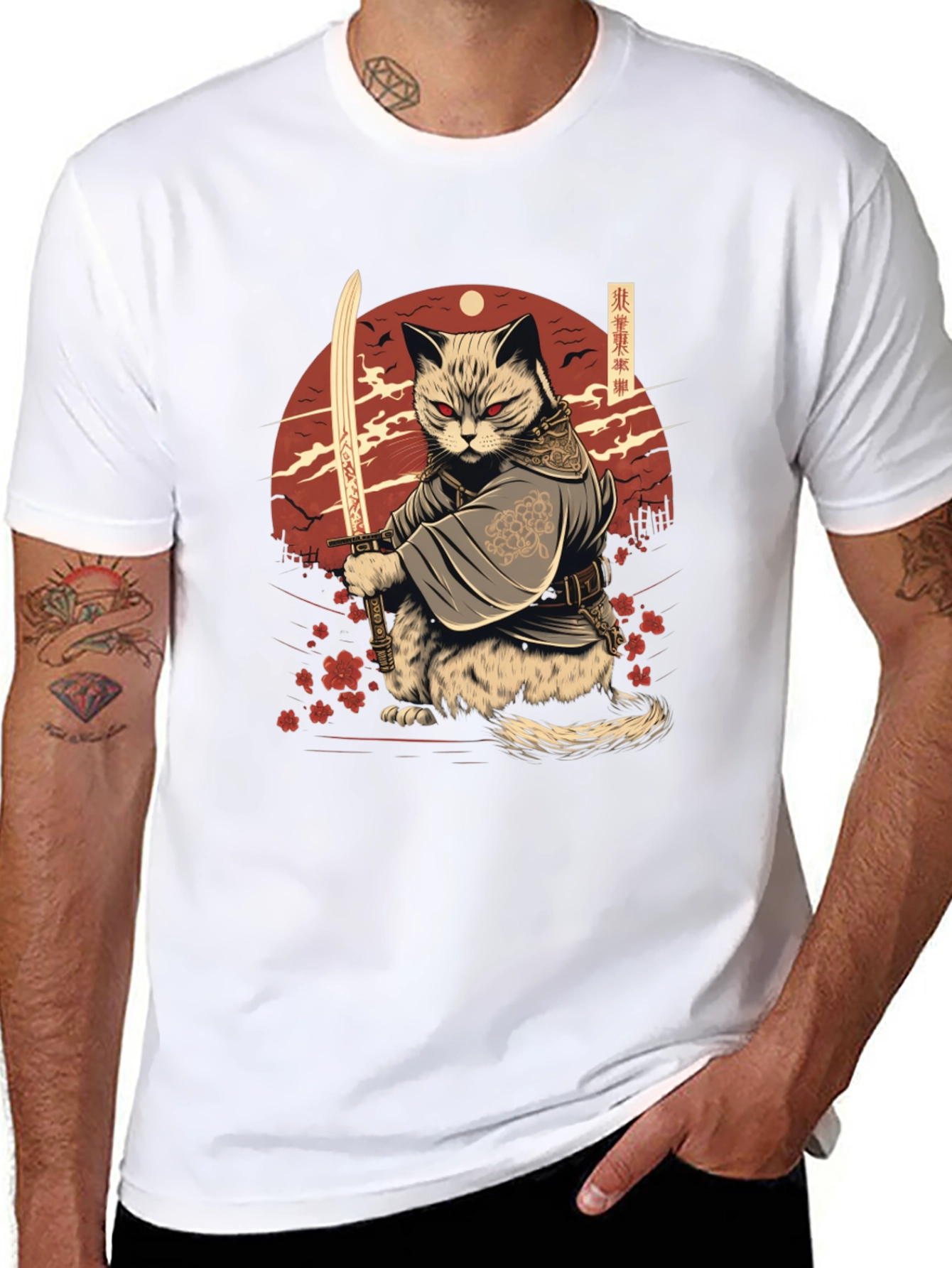 Samurai Cat T-Shirt - Japanese Warrior Kitten Tee