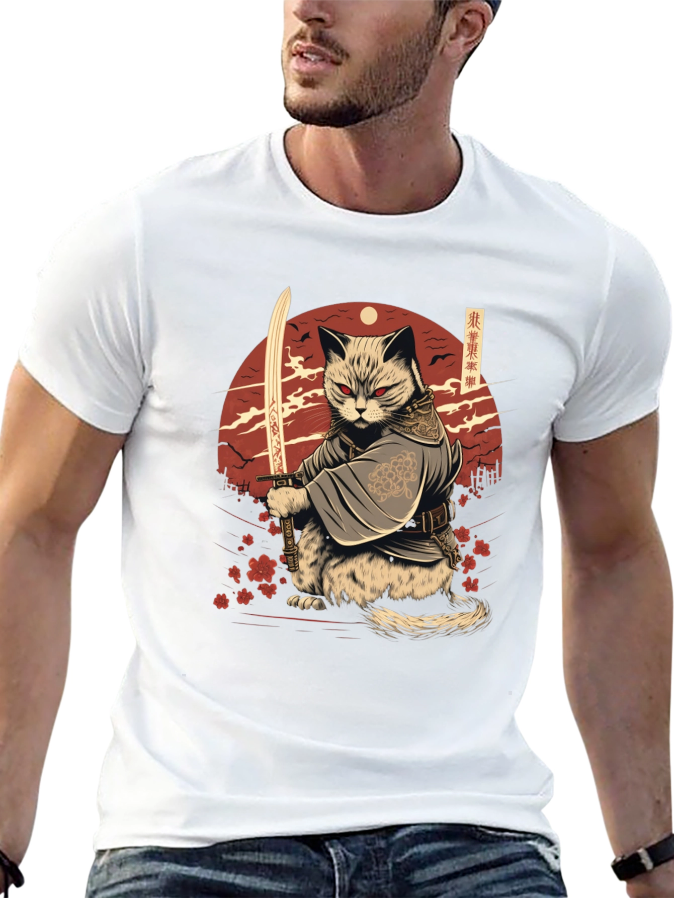 Samurai Cat T-Shirt - Japanese Warrior Kitten Tee