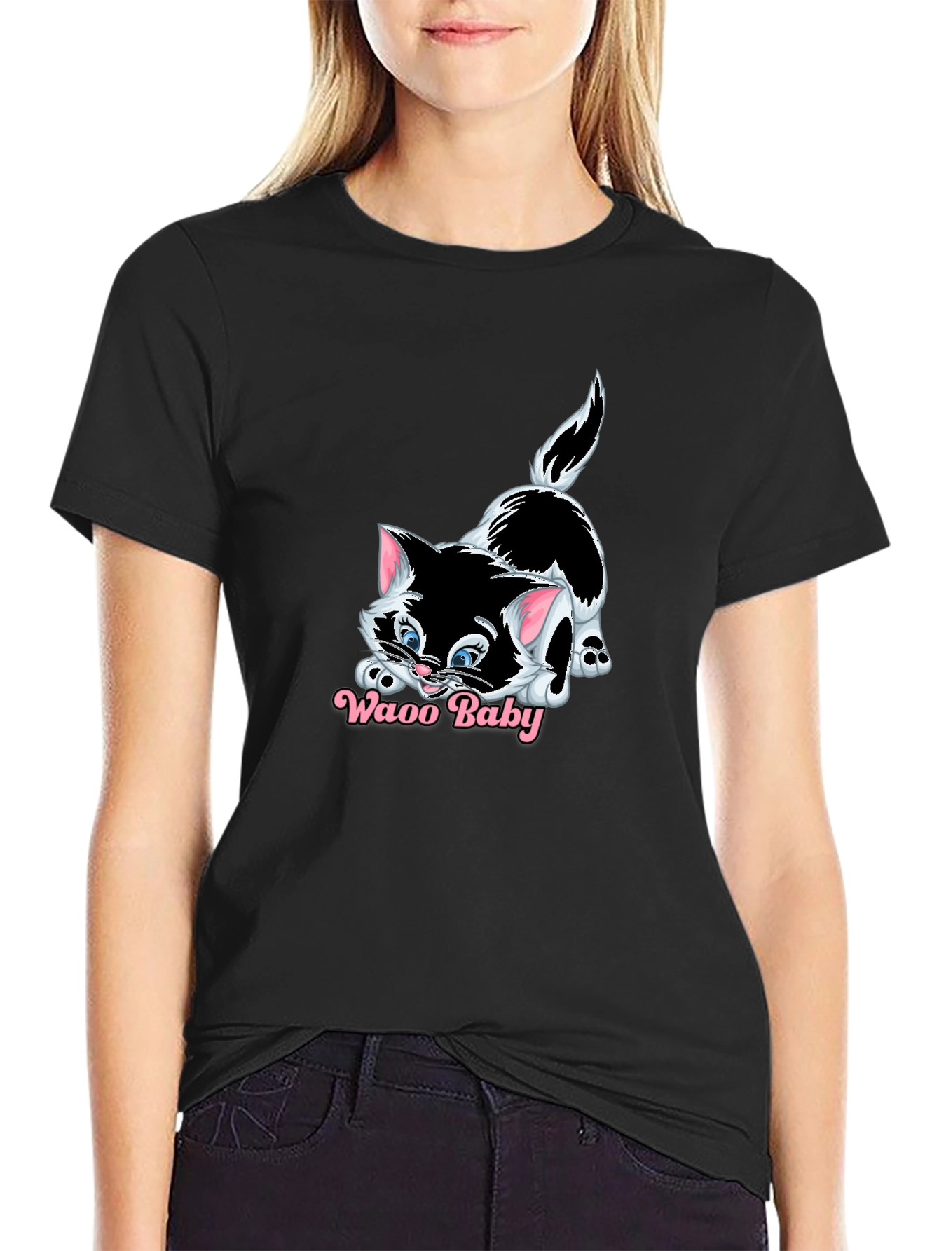 Waao Baby Cat Graphic Black T-Shirt