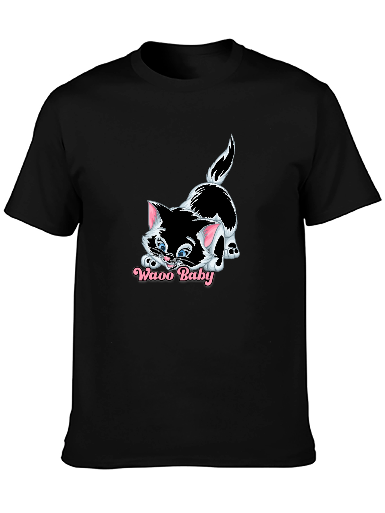 Waao Baby Cat Graphic Black T-Shirt