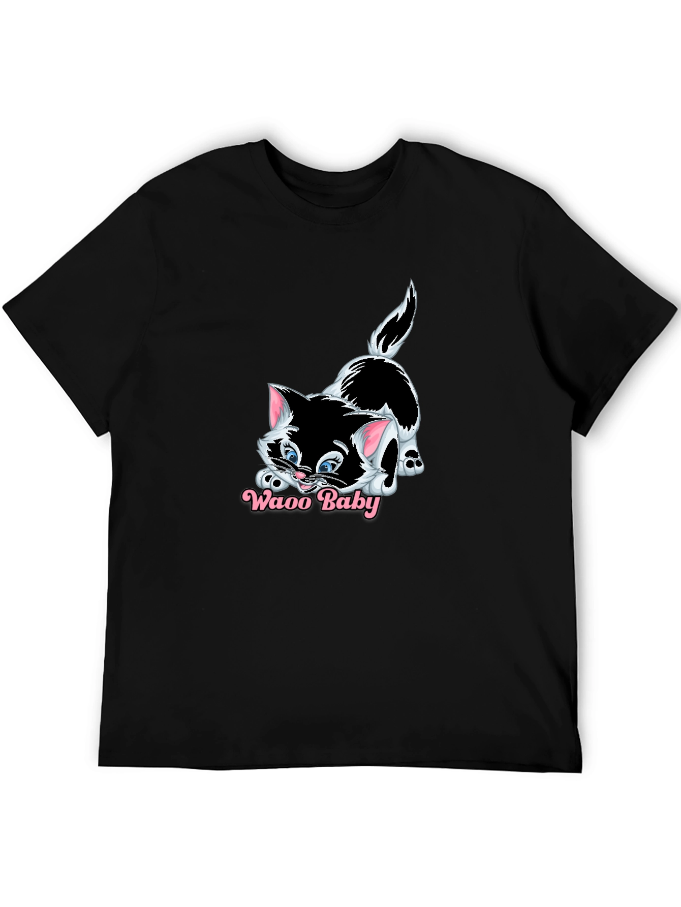 Waao Baby Cat Graphic Black T-Shirt