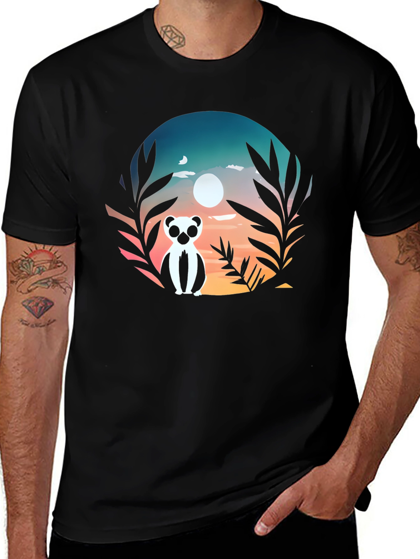 Lemur Sunset Graphic Tee - Stylish Mens Black T-Shirt