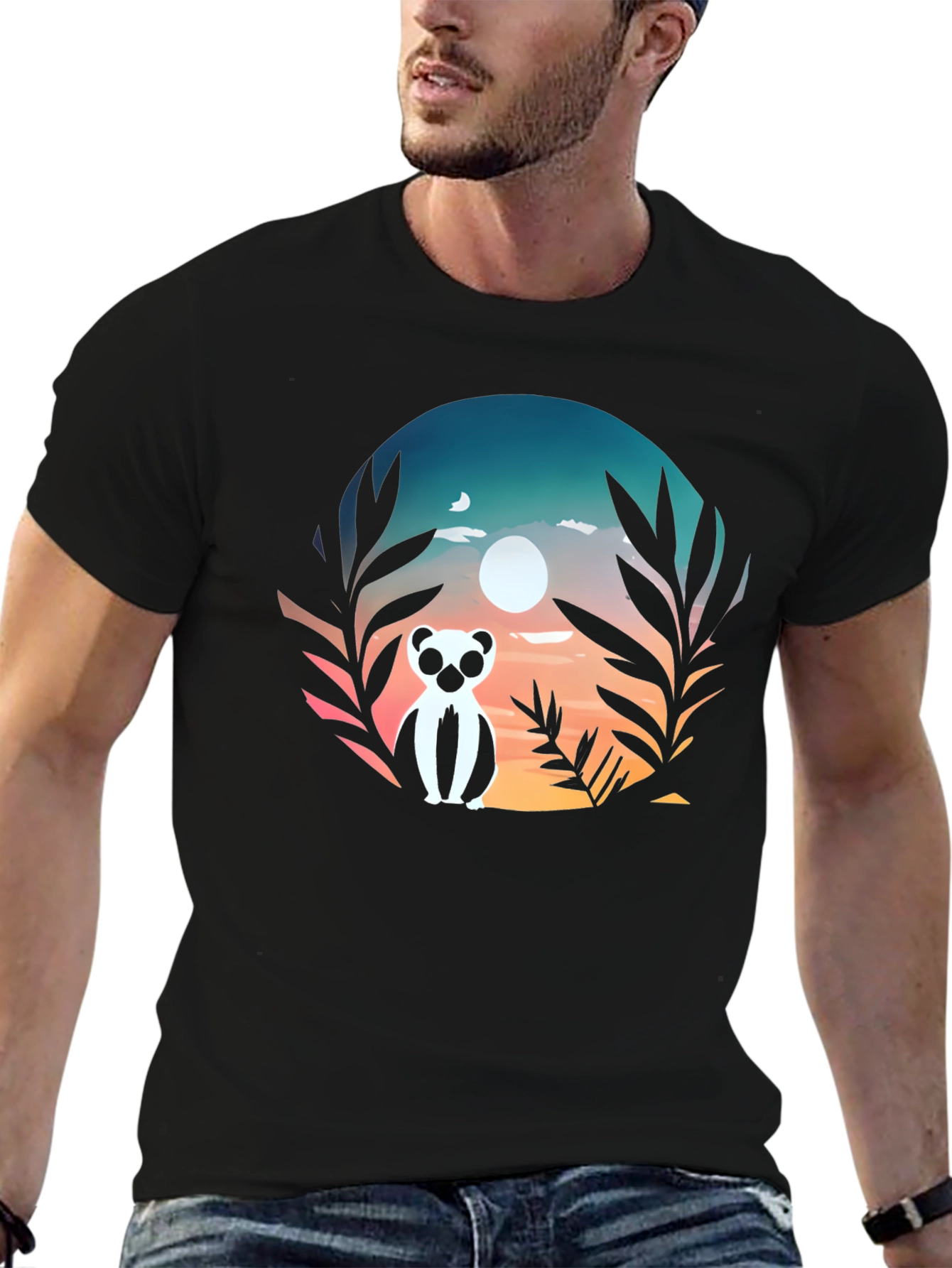 Lemur Sunset Graphic Tee - Stylish Mens Black T-Shirt