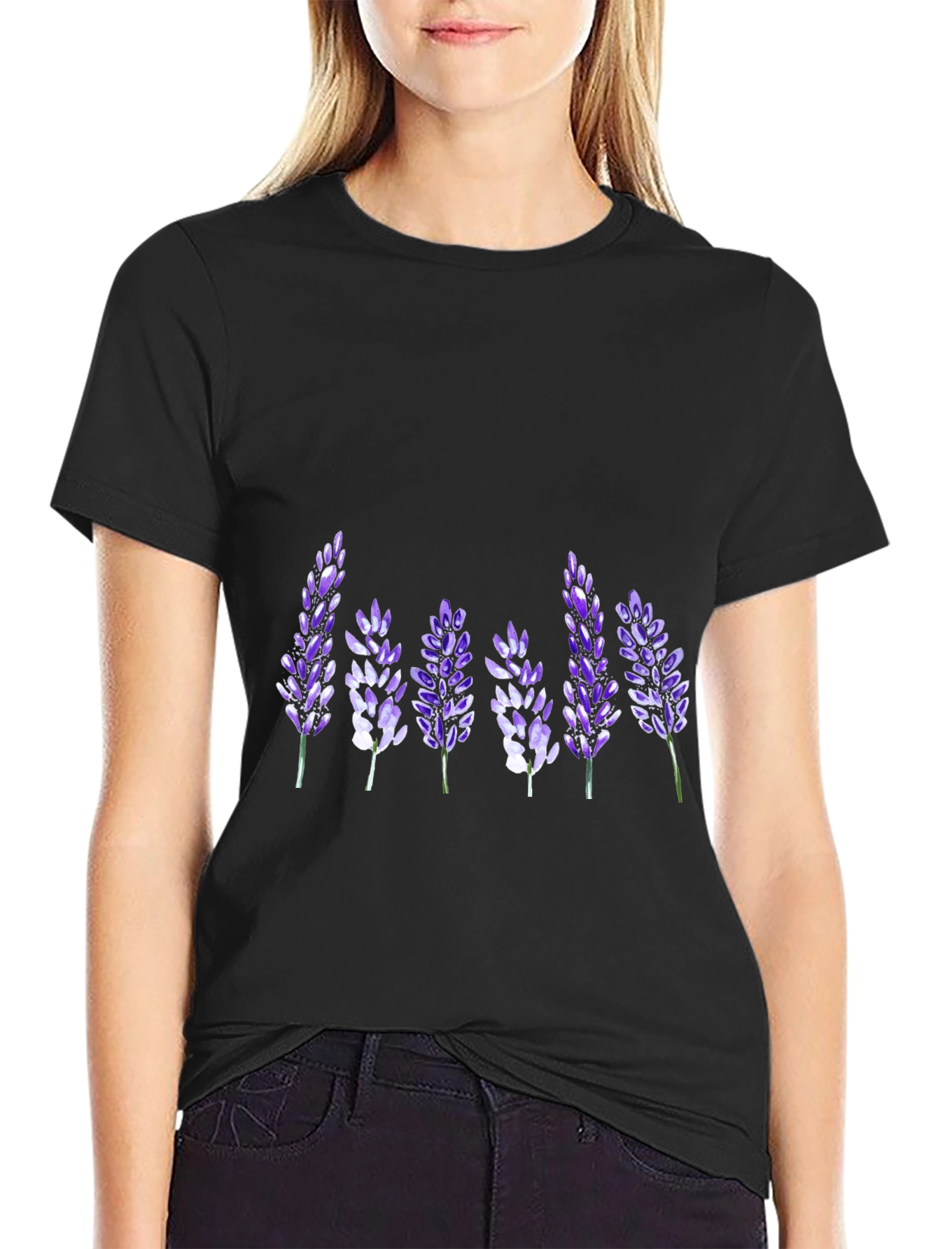 Floral Lavender Print Black T-Shirt