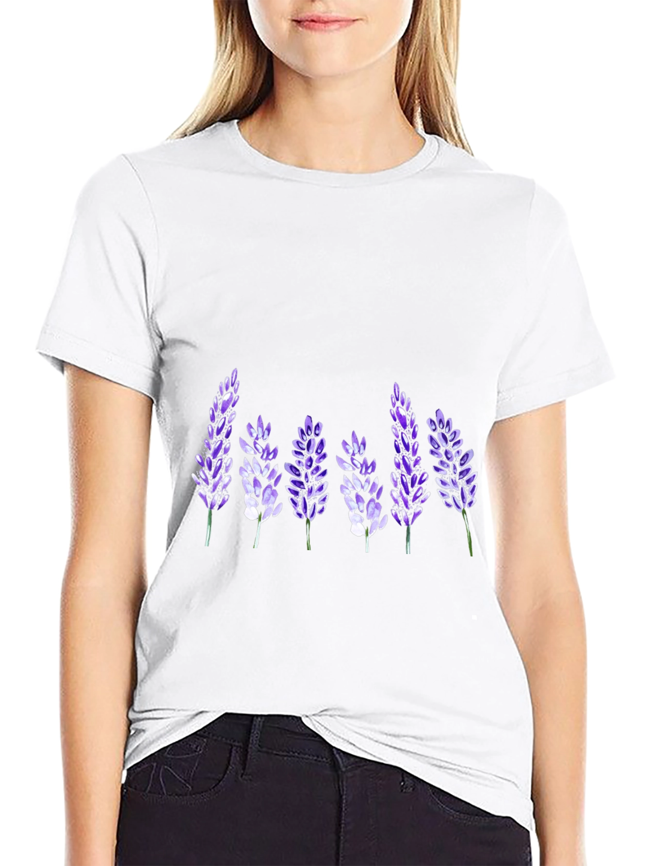 Floral Lavender Print Black T-Shirt
