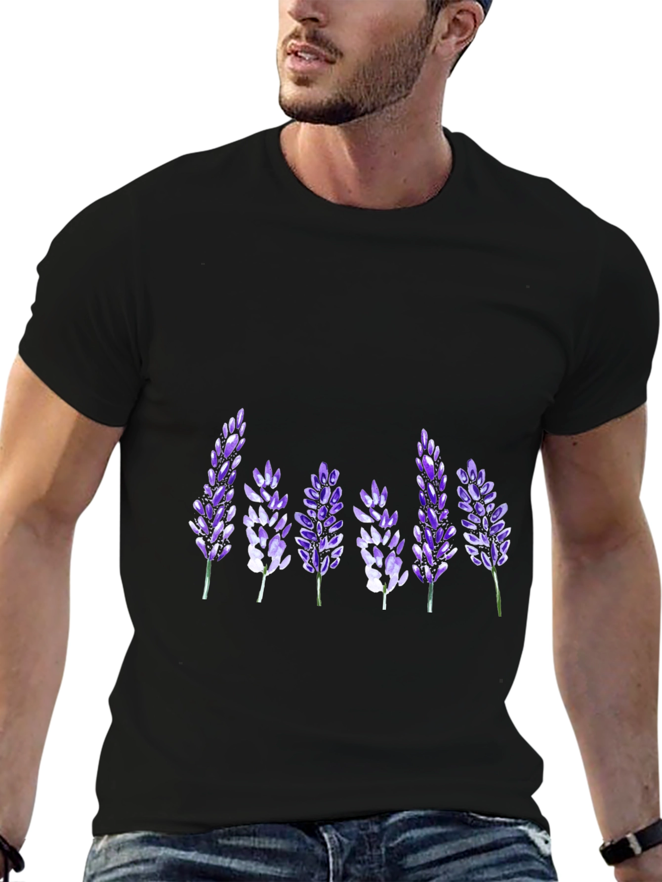 Floral Lavender Print Black T-Shirt