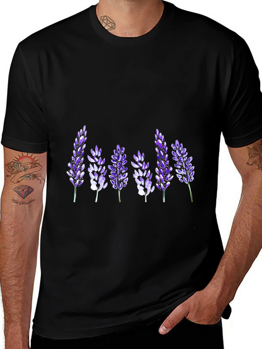 Floral Lavender Print Black T-Shirt