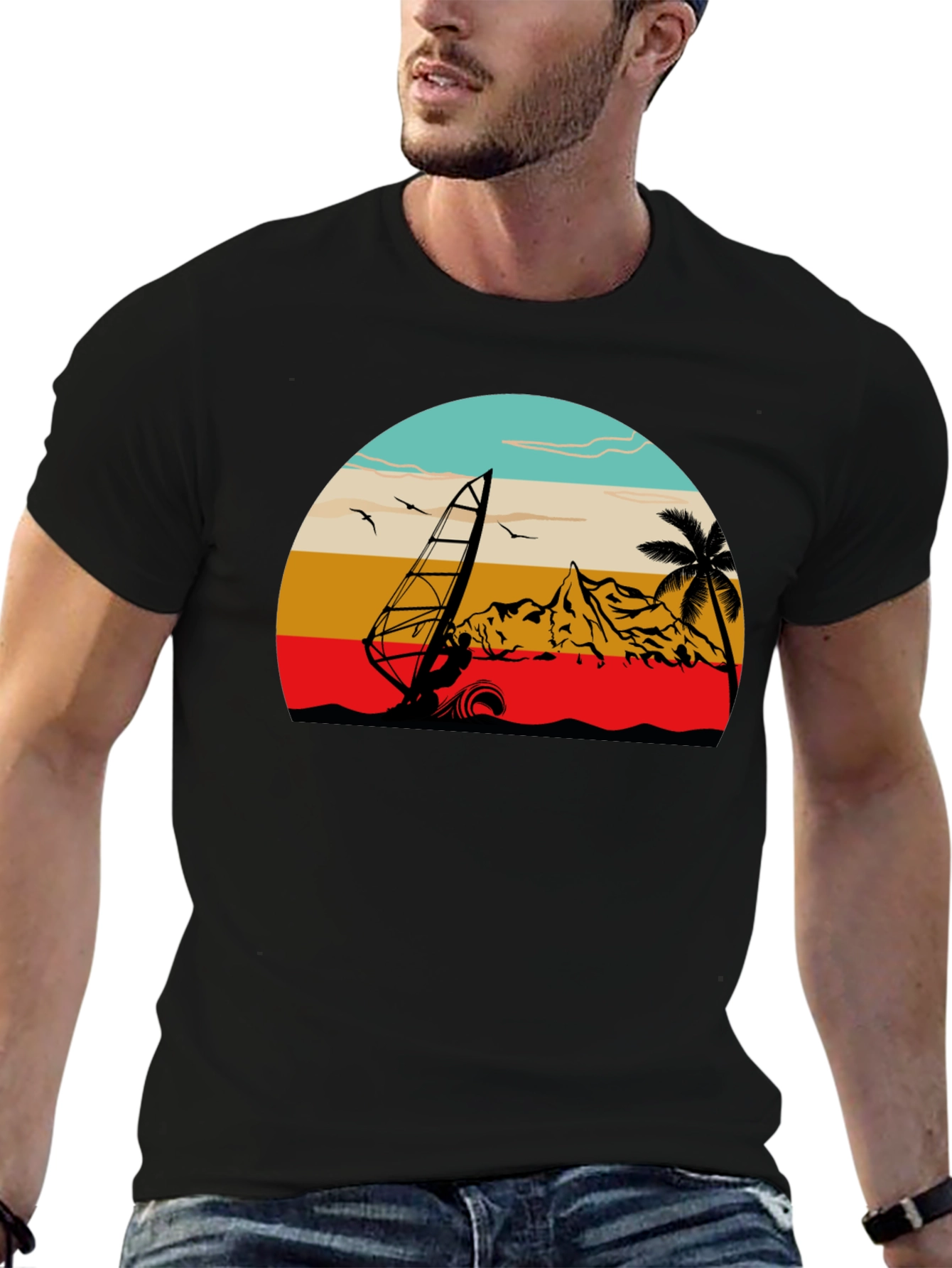 Windsurf Graphic Tee - Black Cotton T-Shirt