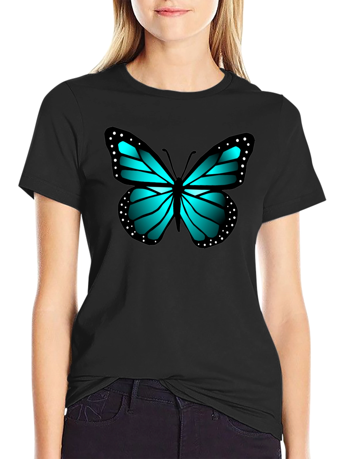 Blue Butterfly Graphic Black Tee