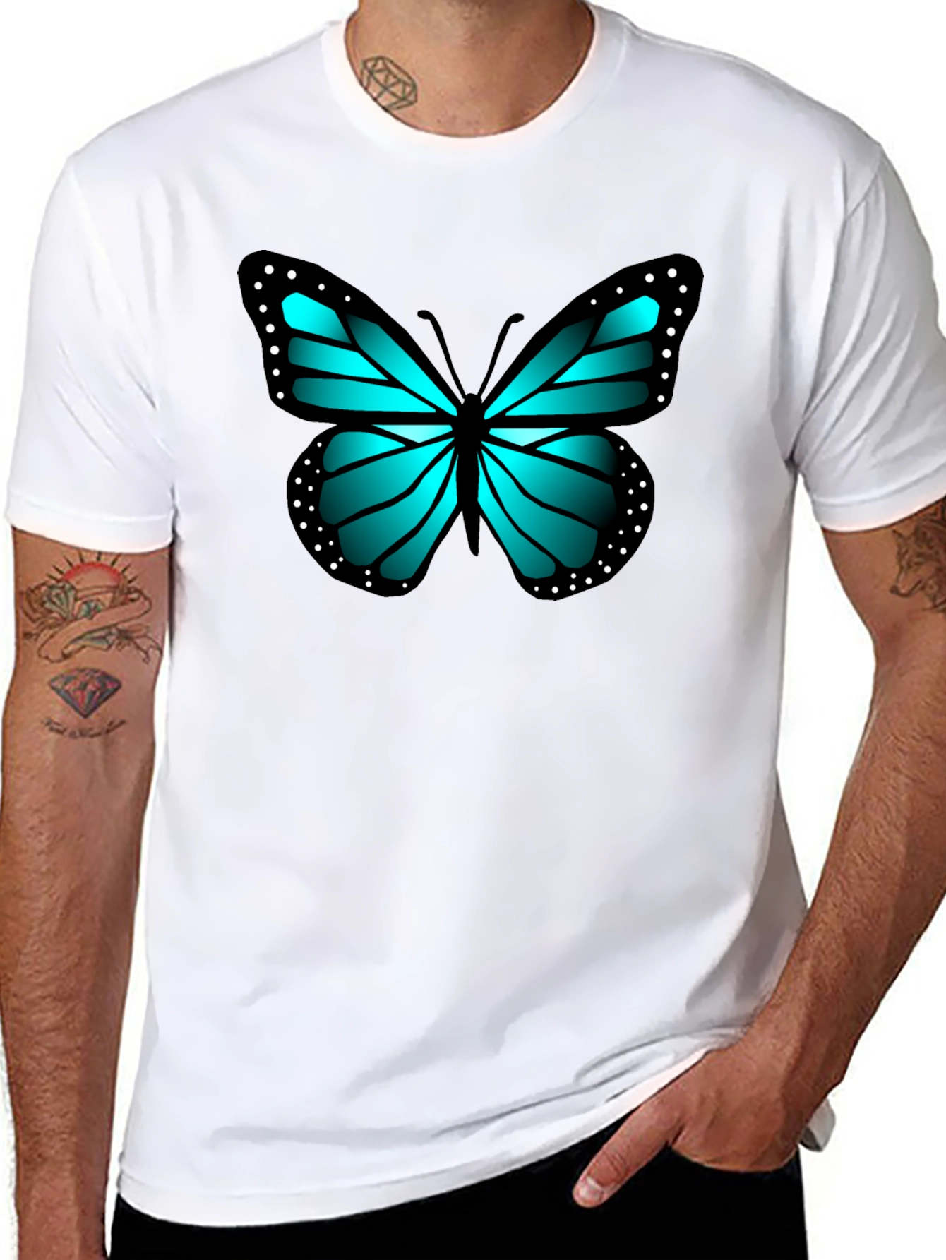 Blue Butterfly Graphic Black Tee